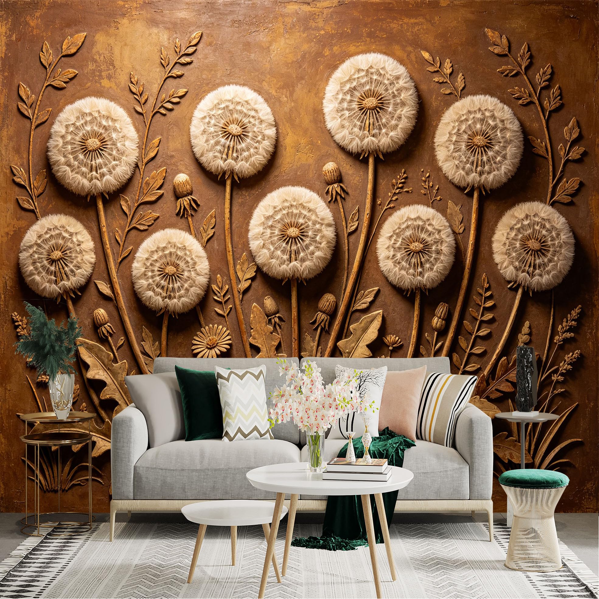 Lnzczhyre Dbh260521067 Custom Size Wall Sticker Mural， Vintage Bronze Tone Dandelion Floral Art， Textured Relief Style Botanical Pattern， For Wall Decoration， Peelandstick Wall Decals.