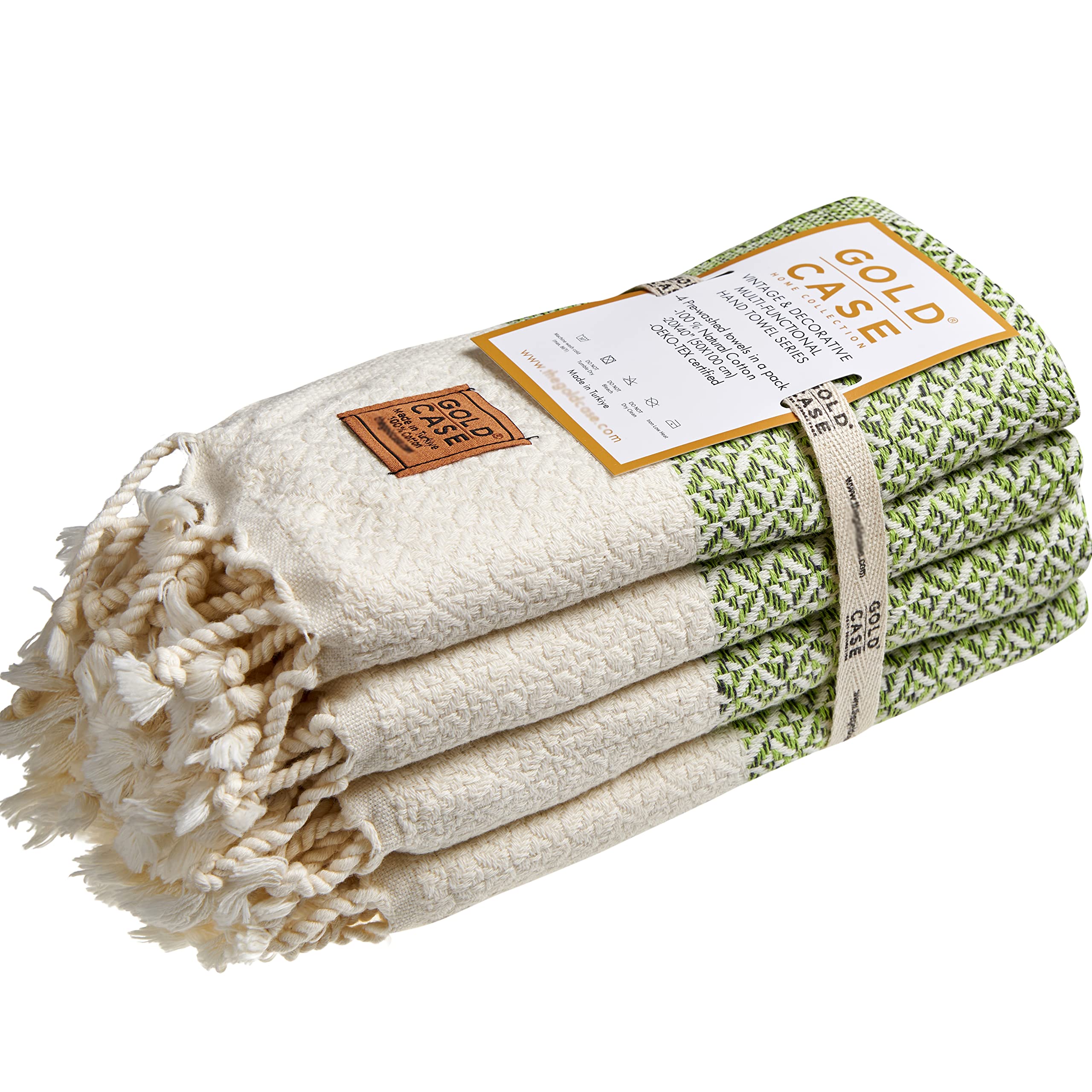 Gold CASE Turkish Hand Towels for Bathroom Set of 4 – 20 x 40'' – 100% Cotton Bathroom Towels – Aphrodite Kitchen Small Towel for Spa, Face, Tea & Dishcloth – Decorative Patterned Weave – PistachioOEKO-TEX STANDARD 100
