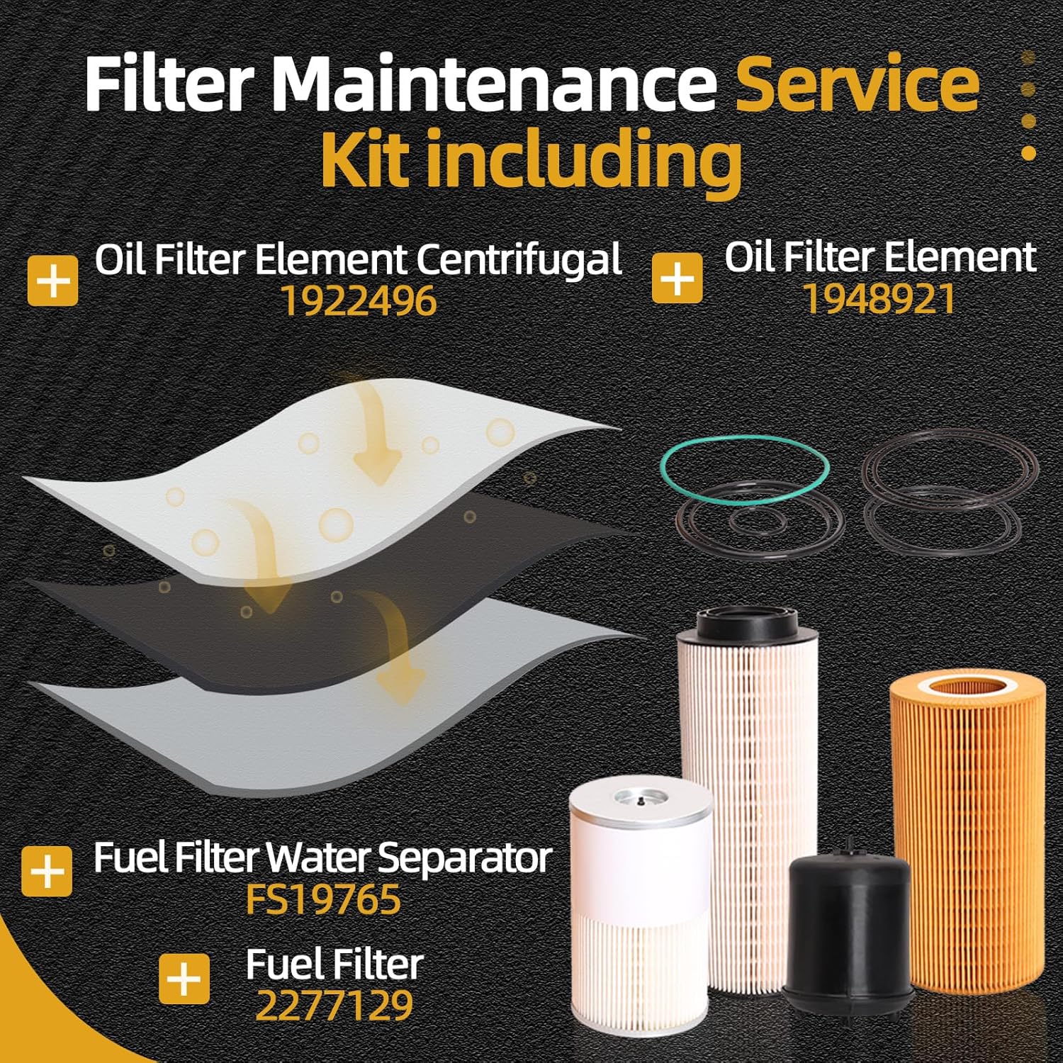 4 Pcs Filter Kit Compatible with Paccar MX-13 MX13 Engine, 1948921 Oil Filter + 2277129 Fuel Filter Water Separator + FS19765 Fuel Water Separator Filter + 1922496 Oil Filter