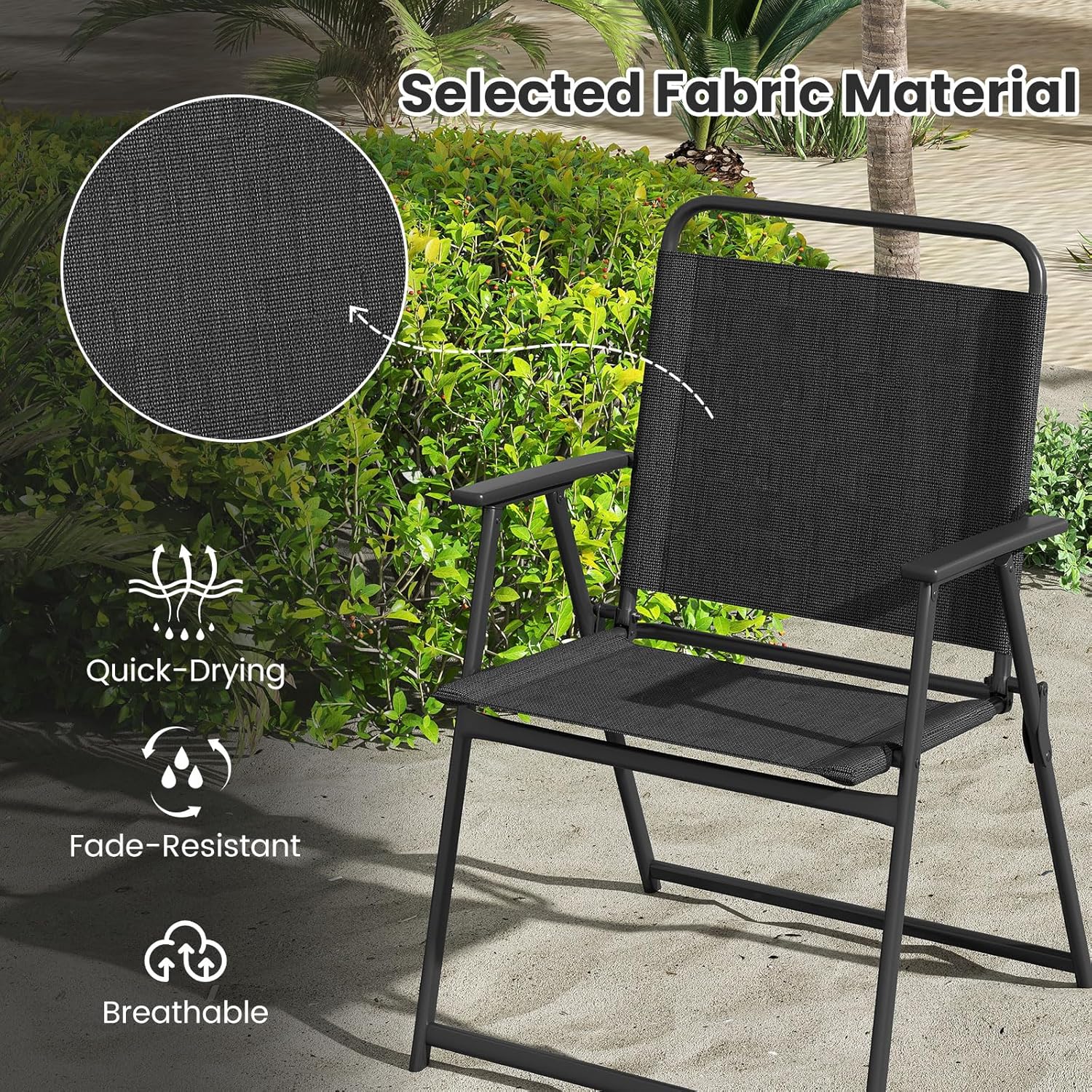 Tangkula Outdoor Folding Chairs Set of 2, Patio Dining Chairs with Breathable Fabric Seat & Cozy Armrests, Heavy-Duty Metal Frame, Portable Lawn Chairs for Backyard, Porch, Camping (2, Black)