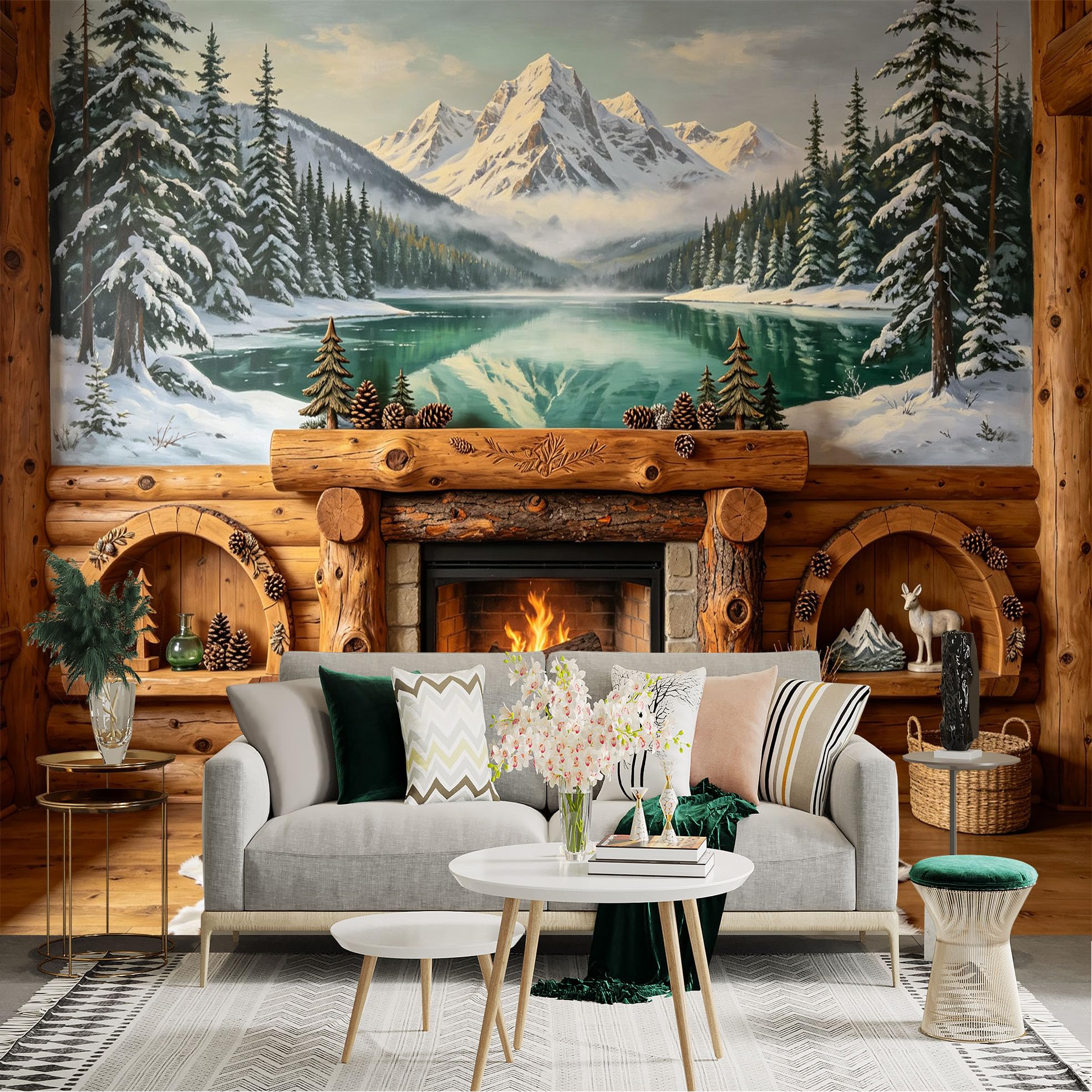 Lnzczhyre Bh260719194 Custom Size Wall Sticker Mural， Snowy Mountain Range， Winter Lake Landscape， Evergreen Forest View， For Wall Decoration， Peelandstick Wall Decals.