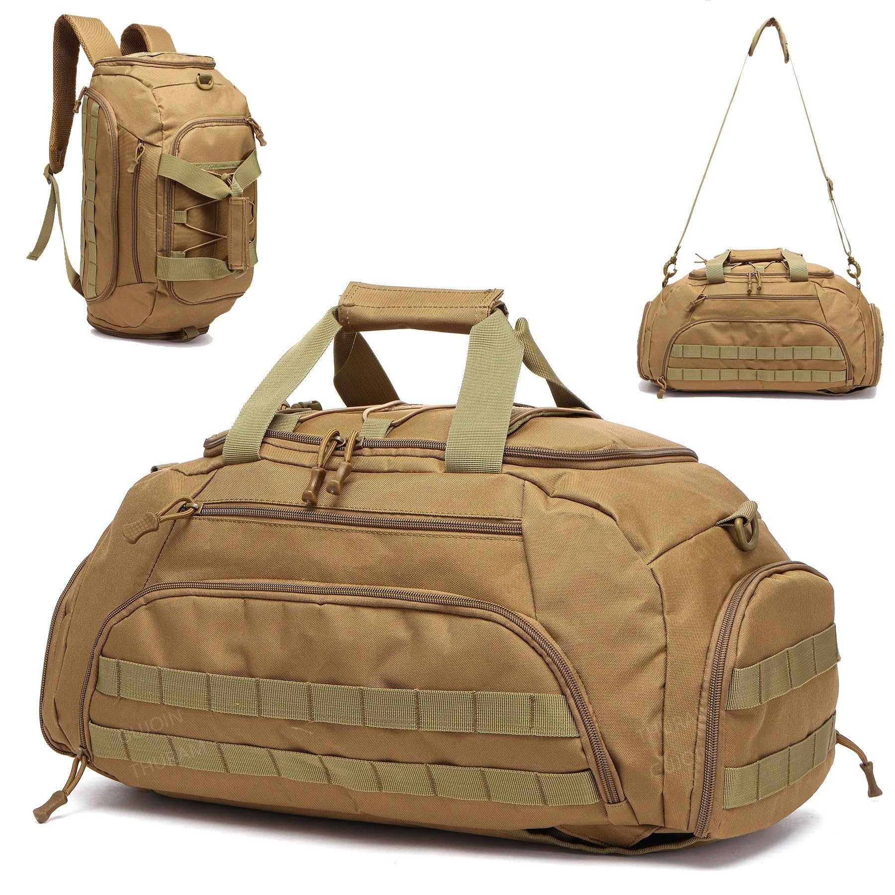 GUJOIN 3-in-1 Tactical Gym Backpack with Shoe Compartment Convertible Duffel Sling Bag for Men Women Weekender Overnight Travel Bag Fitness Bag Bags (Khaki)