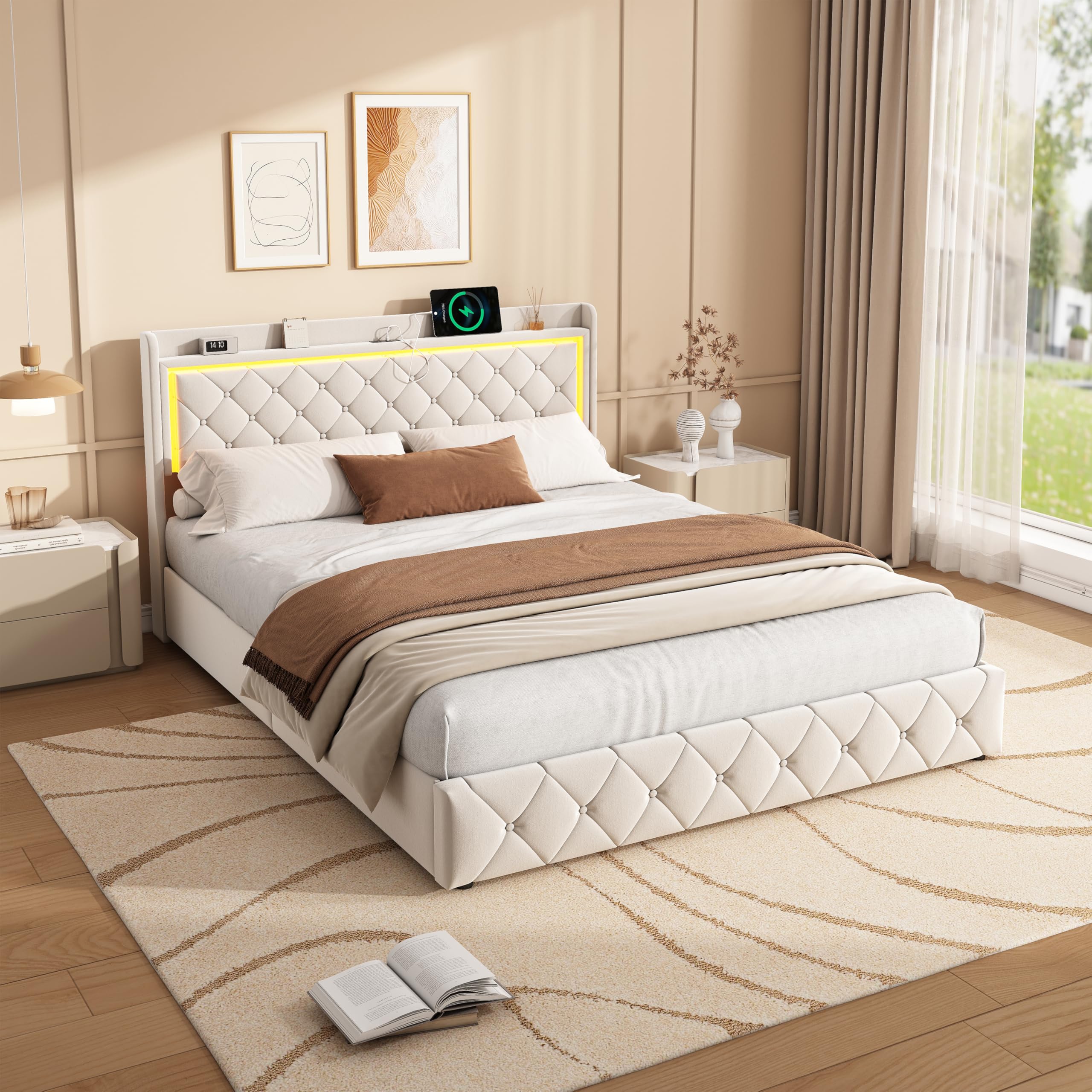 Cama Tapizada 140x190 con almacenaje,Cama Matrimoniales con 4 Cajones Cama Doble con Somier Cama Acolchada con USB y Luz LED Marco de Cama con Cabecero Cama Juvenil, Terciopelo Beige, Sin Colchón