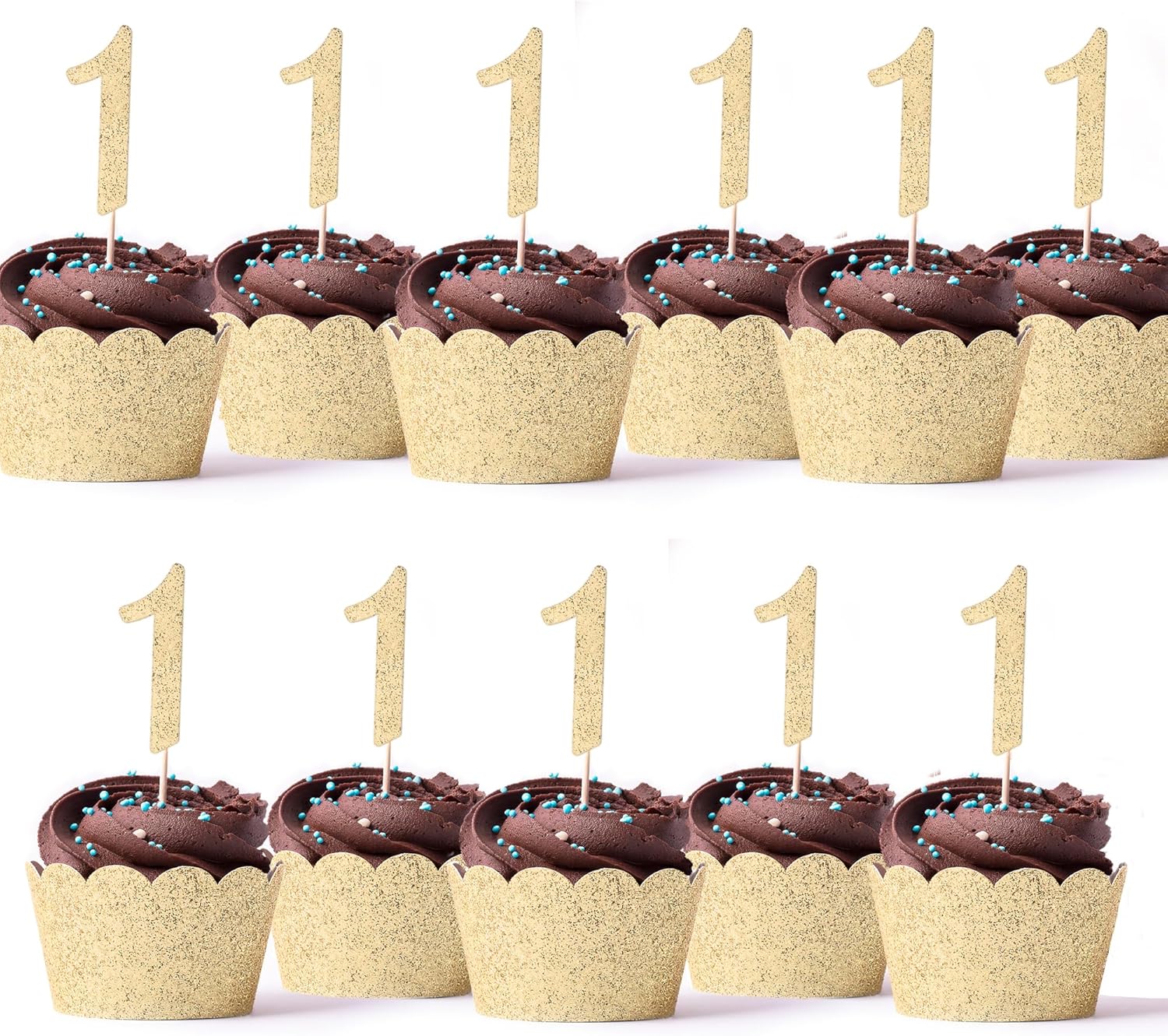 1st Birthday Cupcake Toppers in Gold Glitter, First Birthday Number One Cupcake Picks for Boy and Girl 1st Birthday Party, Cake Decorations Supplies, food picks, muffins - 24 Pack