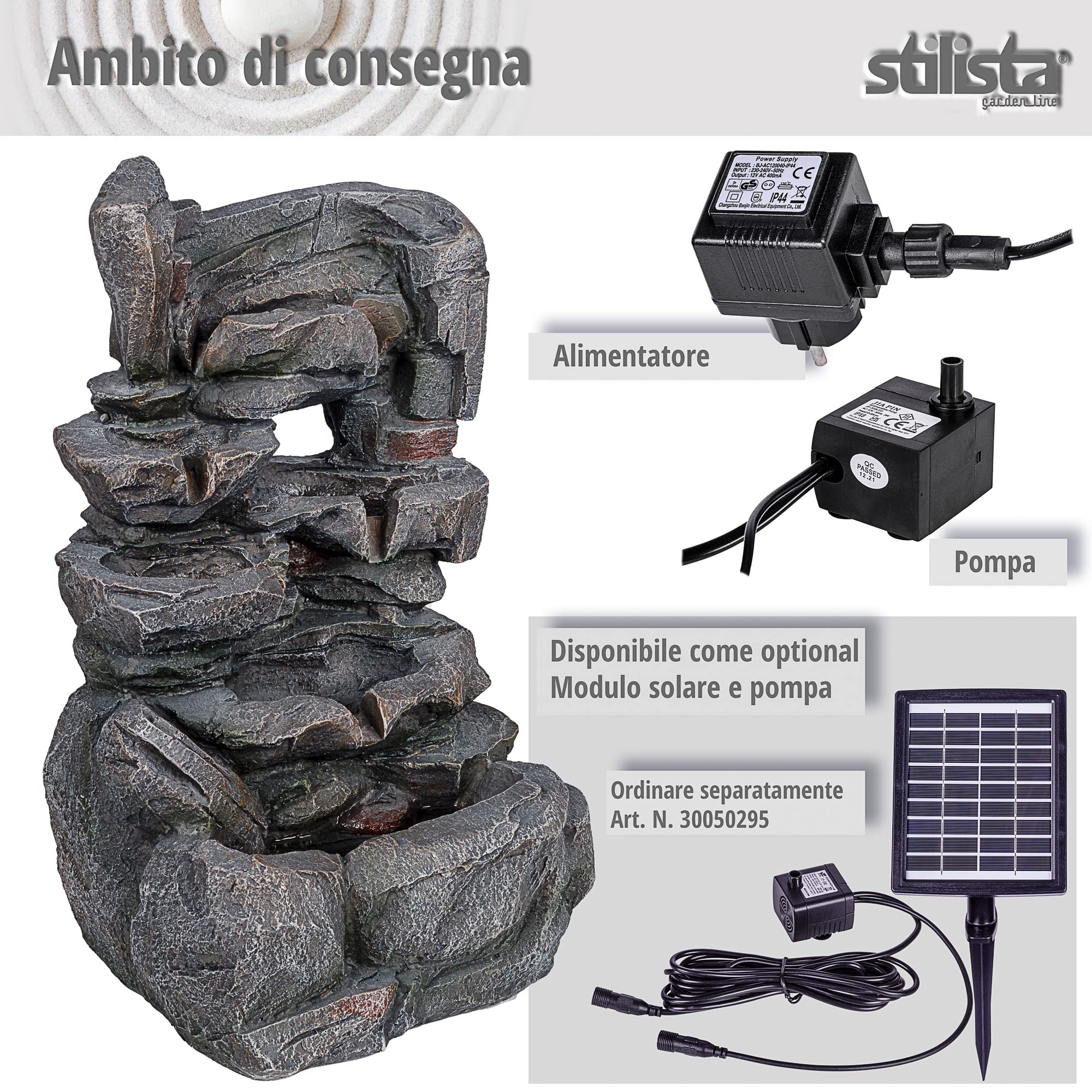 STILISTA Fontana da giardino con cascata in pietra, 47 x 28 x 25 cm, con illuminazione a LED, pompa inclusa