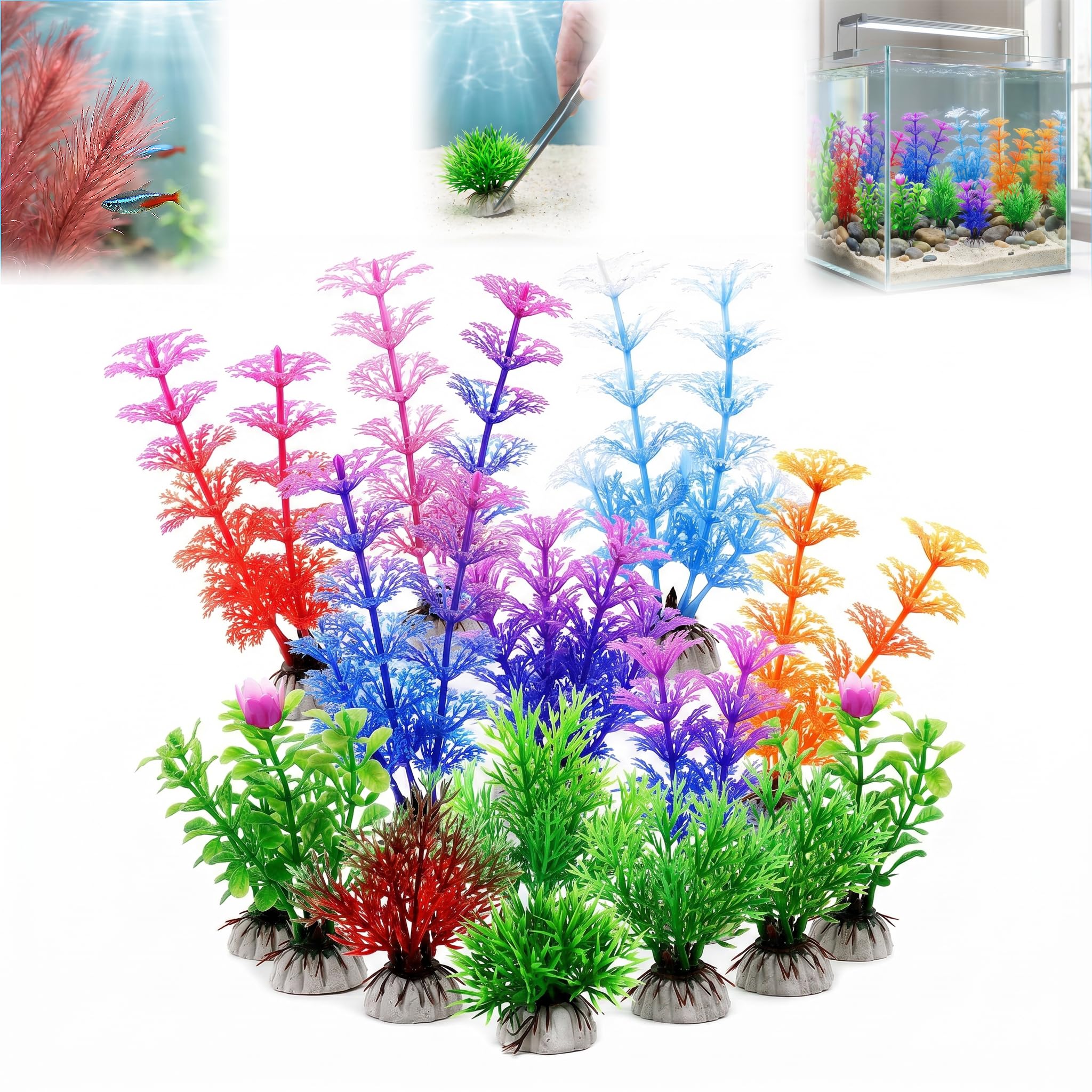 Qicveqic 20 Pcs Artificial Aquarium Plants Set, Aquarium Fish Tank Plastic Plants Fish Tank Decorations Aquariums Decoration for Freshwater Saltwater Tanks Small to Large (colorful)