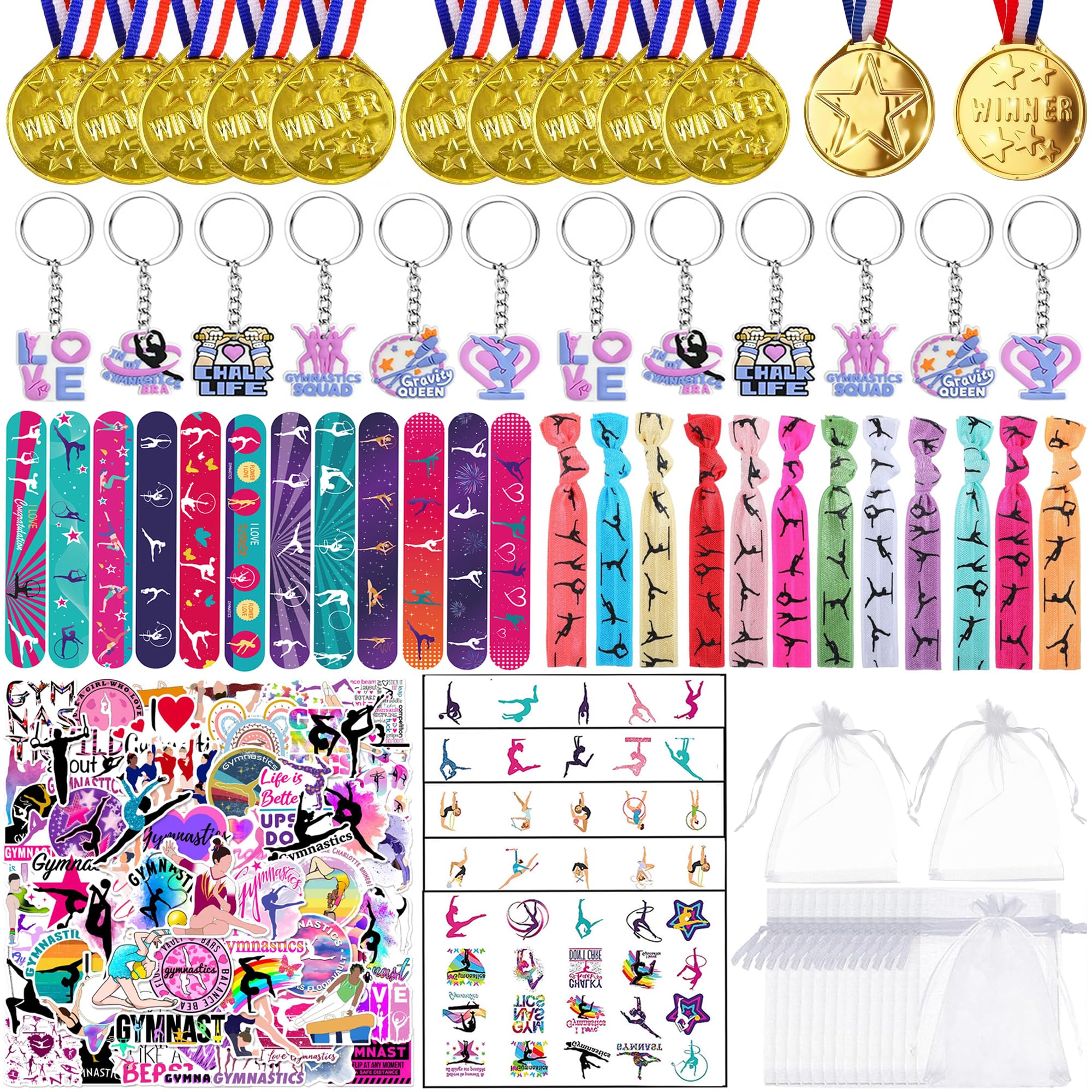 DMTMYPD 115Pcs Gymnastics Party Gift Supplies Decorations with Keychain Slap Bracelets Hair Ties Gold Medals Temporary Tattoos Stickers and Organza Bags for Women Gym Yoga Sports Theme Supplies