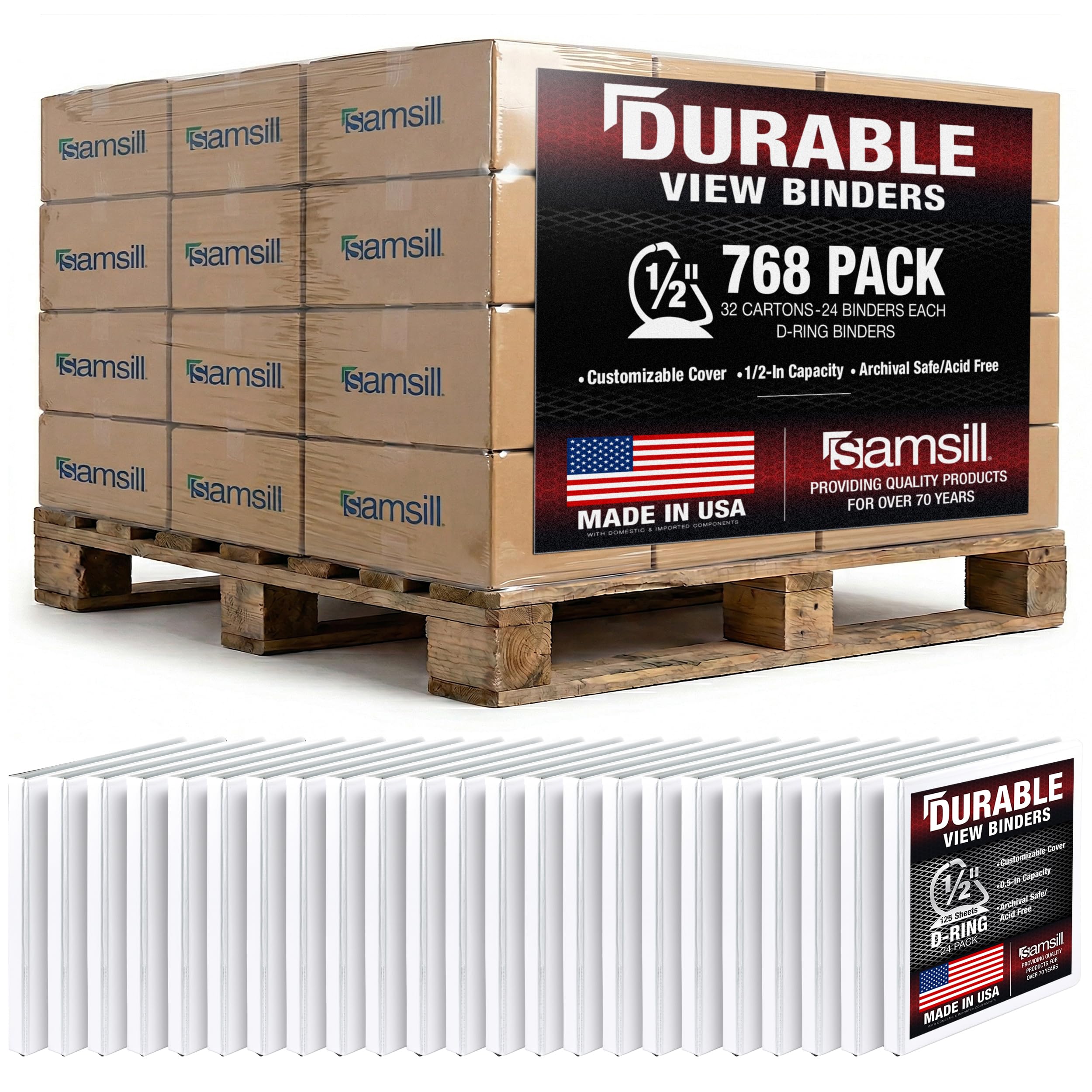 Samsill Durable 0.5 Inch Binder, Customizable Clear View Cover, White, 24 Pack, Each Holds 125 Pages, Pallet of 768 Binders in 32 Cartons