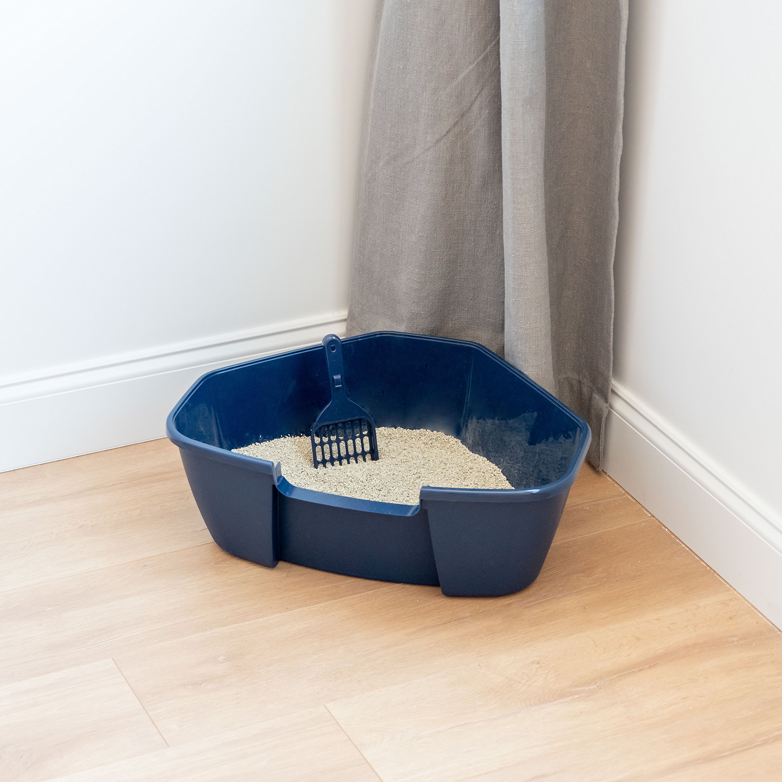 IRIS USA Large Corner Cat Litter Box with Scoop, Navy