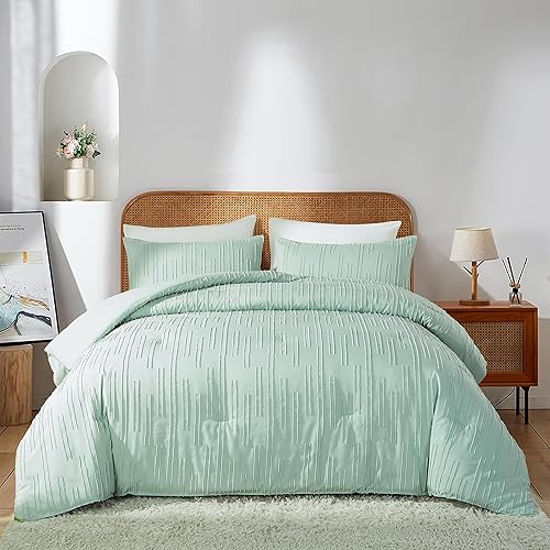 Juego de edredón de tamaño Queen de color verde salvia, para cama Queen, estilo rústico, bohemio, esponjoso, ligero, con flores, plantas, para todas