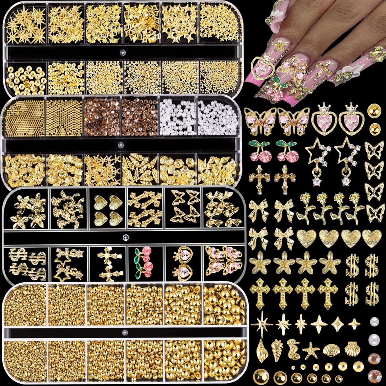 Goldene Nail Art Strassstein, różowa dekoracja do paznokci z wisiorkiem, 4 pudełka z kamieniami do paznokci, koraliki do paznokci 3D, motyle, wiśnie, wisiorki do paznokci