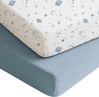 Konssy Muslin Crib Sheets 2-Pack for Boys & Girls - Ultra Soft 100% Cotton Breathable Fitted Sheets, Standard 52x28 Inch (Star Blue)