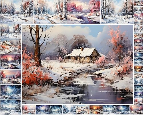 Paquete de papel Decoupage (35 hojas de 6 x 8 pulgadas), hermosos paisajes serenos de cabañas y bosques en invierno, FLONZ - Tarjetas de ilustración