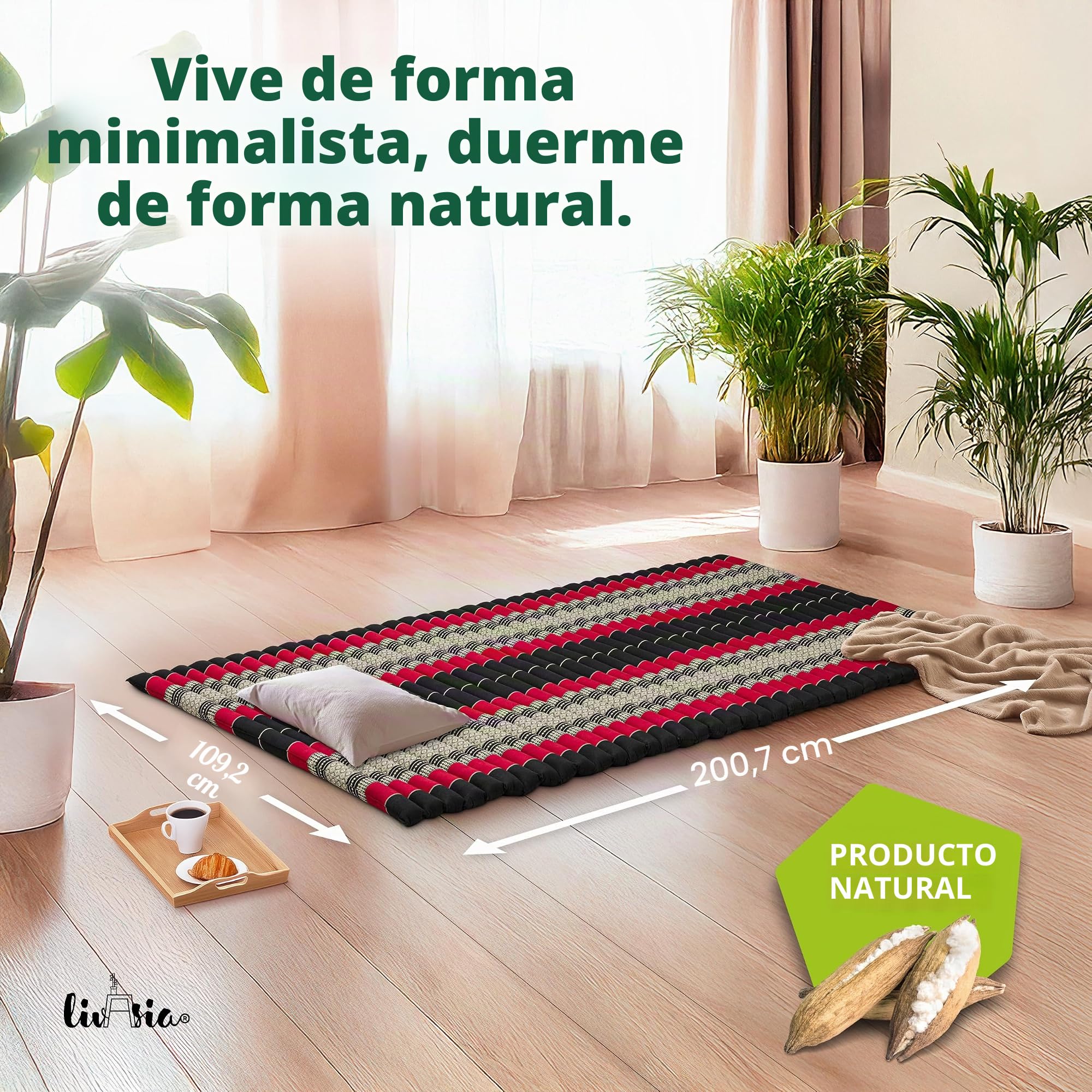 livasia colchón/esterilla enrollable L amplio y cómodo - 200x110x4,5cm - Cama invitados bordada 1 persona, Cama de viaje, Esterilla tailandesa de kapok para jardín/balcón artesana