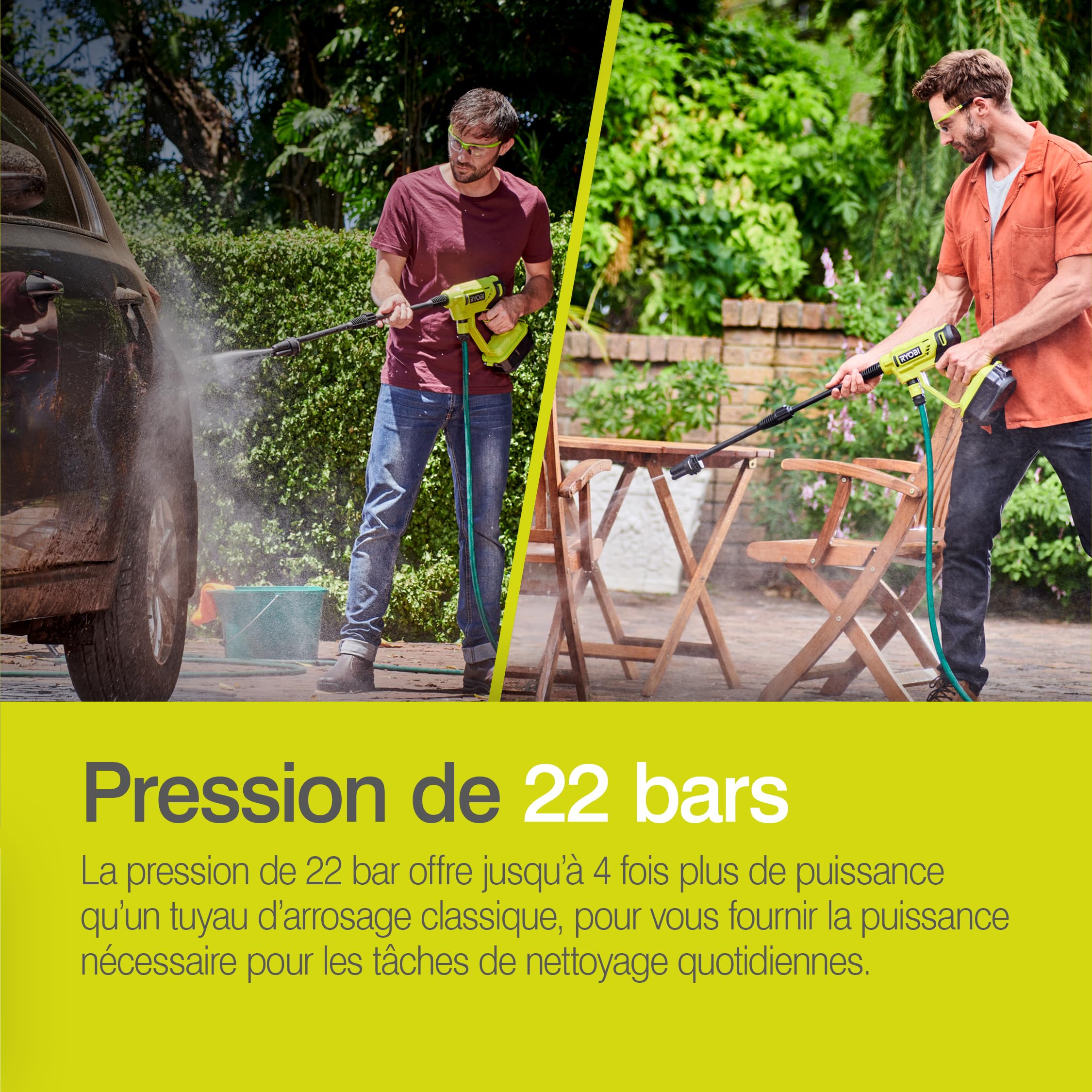 RYOBI - Pistolet Haute Pression sans Fil 18V One+ RY18PW22A-0 – Pression 22 Bar, Réservoir Eau, Léger et Mobile, Nettoyage léger et Rinçage Uniquement – Batterie Non Incluse