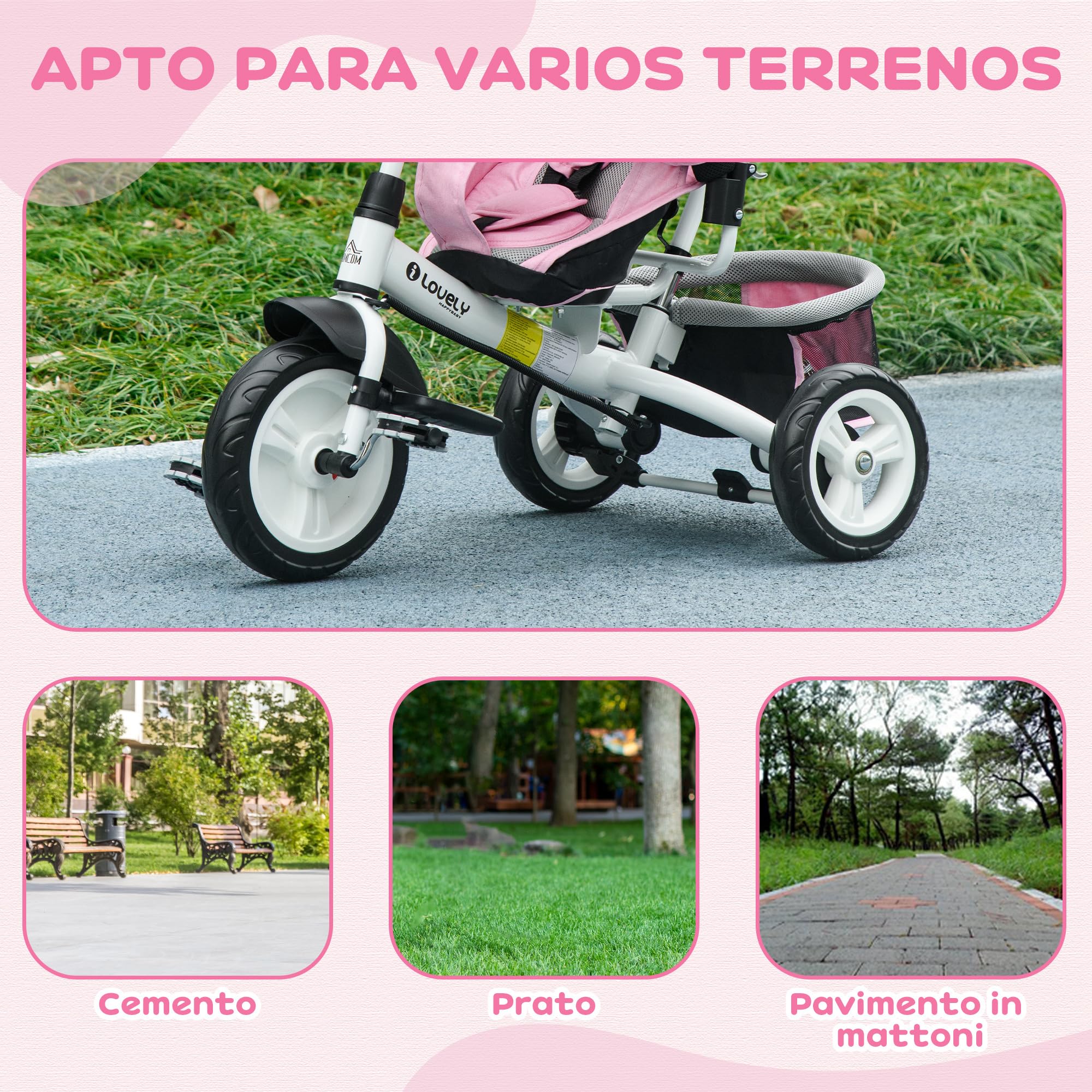 HOMCOM Triciclo para Bebés Triciclo Evolutivo para Niños con Toldo Plegable Mango de Empuje Telescópico y Desmontable Bolso para Mamá y Portabotellas 102x49x102 cm Rosa