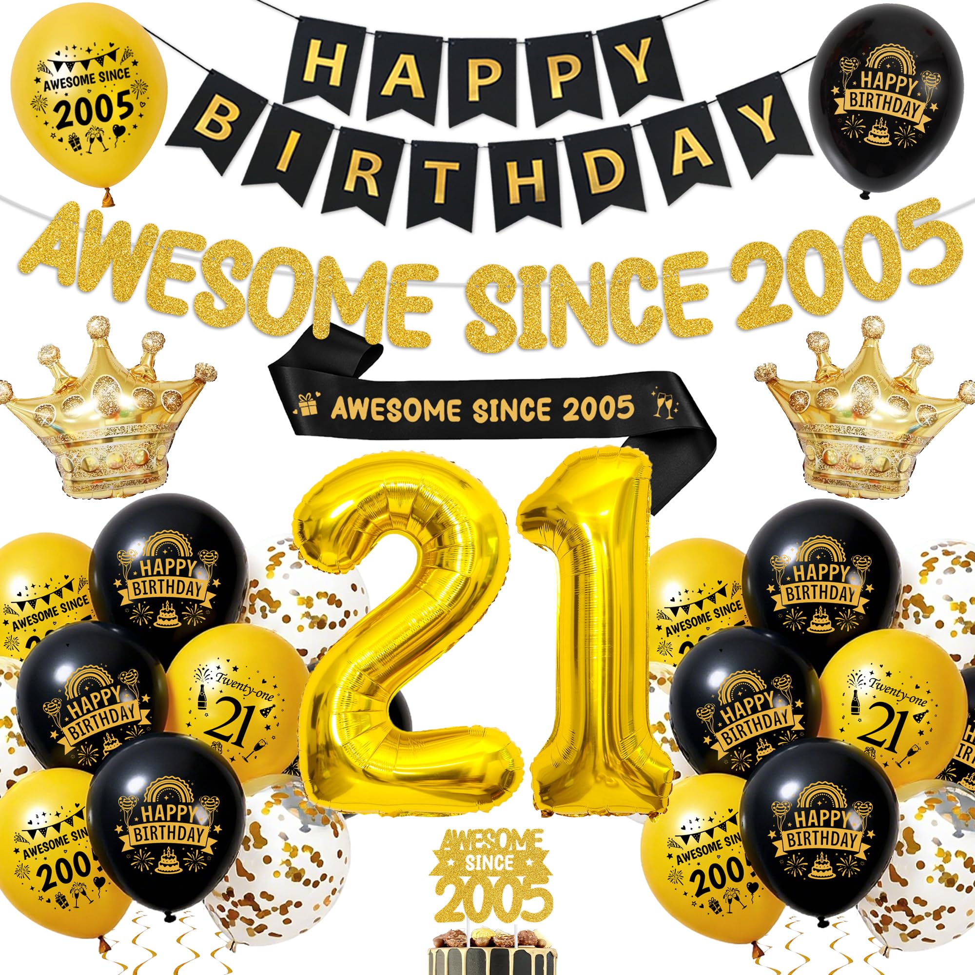 21st Birthday Decorations Black Gold, Party Supplies for Her and Him