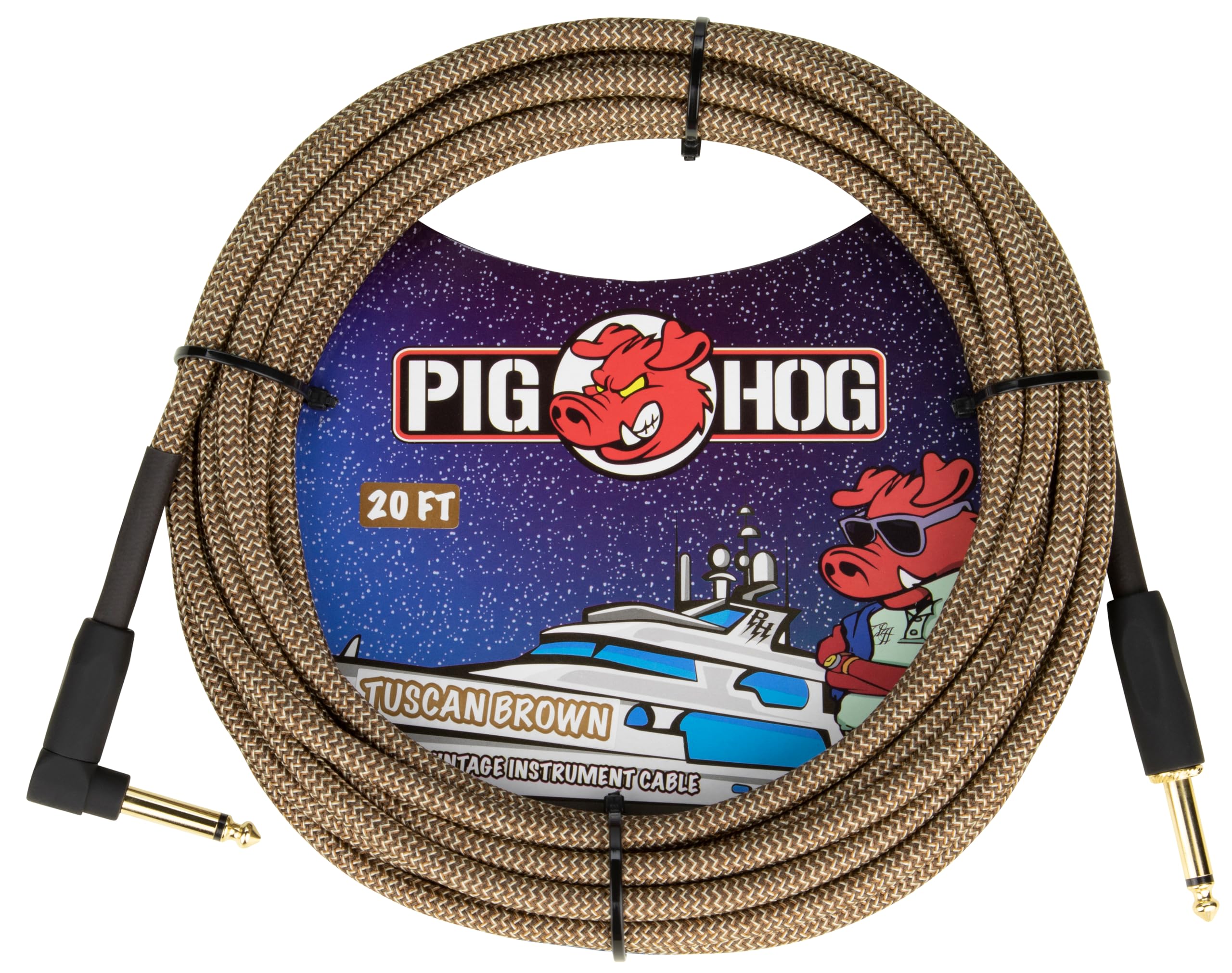 Pig Hog Vintage Series Instrument Cable, Tuscan Brown, 6m/20ft, 6.35 (1/4") to 6.35 (1/4"), High Quality, Woven, Angled Plug
