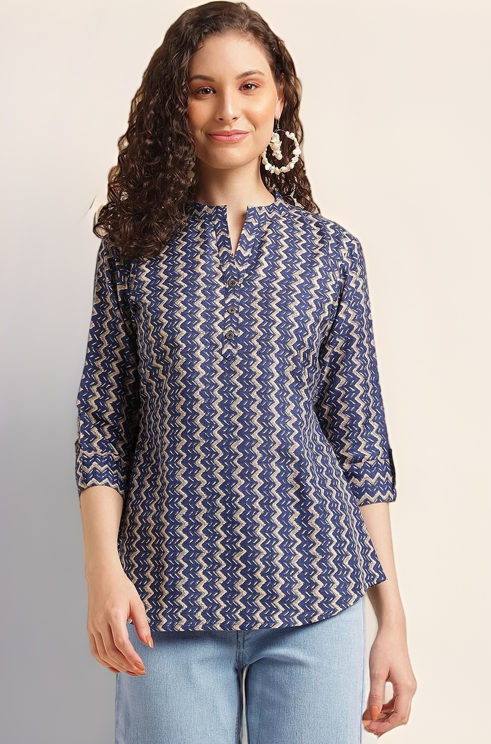 NAINVISH Tops for Women Printed Regular Fit Shirt, Tops for Women Stylish Latest|Office Wear Tops for Women|Cotton Blend Tops for Women|Mandarin Collar Top