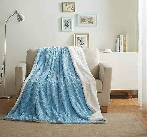 Tache Light Sky Blue Throw Super Soft Warm Faux Fur with Ivory Sherpa Back Blanket - 63x87