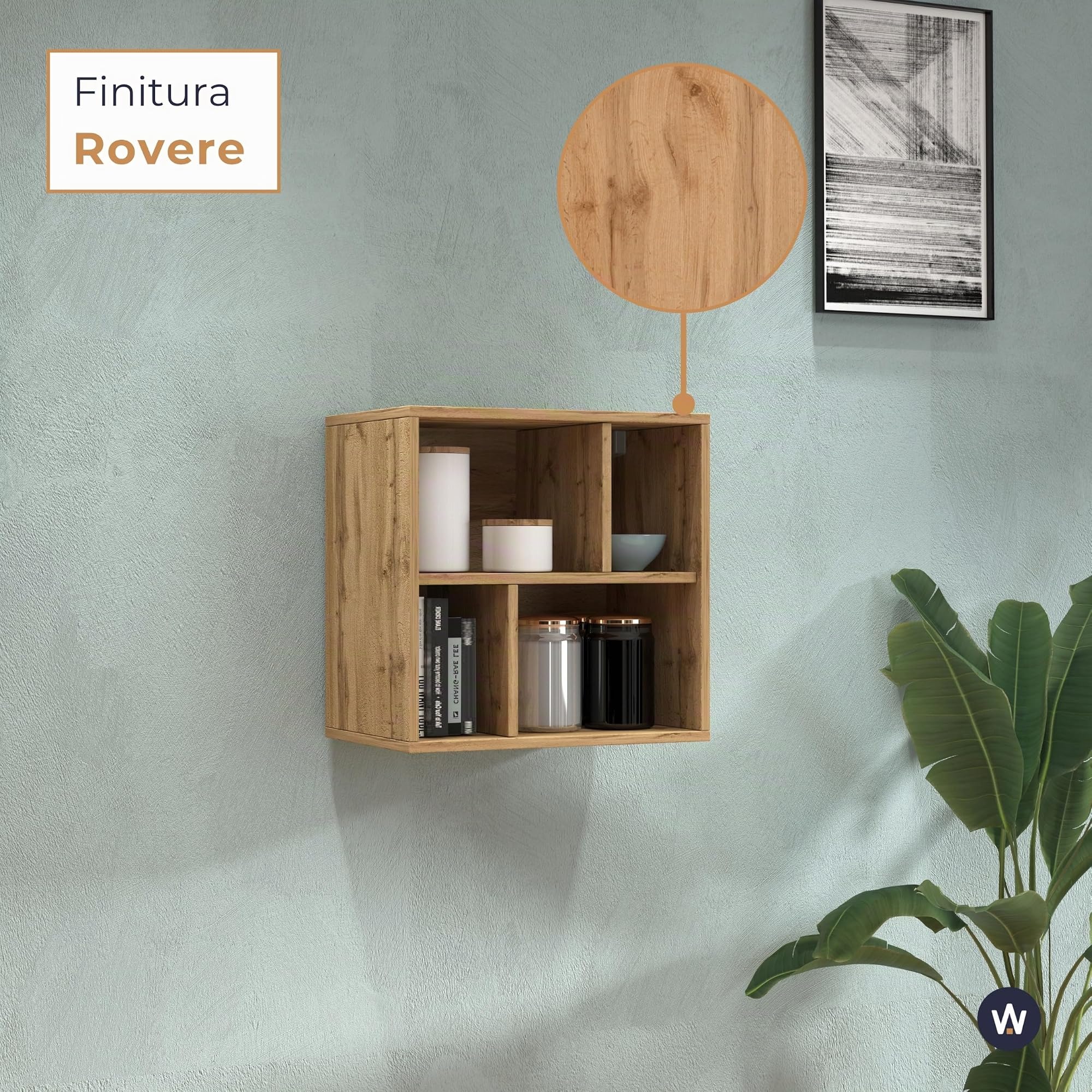 WHOUS Pensile a Cubo CHRONOS per Soggiorno con 4 Vani, Pensile a Giorno e Libreria Multiuso per Salotto, 50x35x50 cm, Rovere
