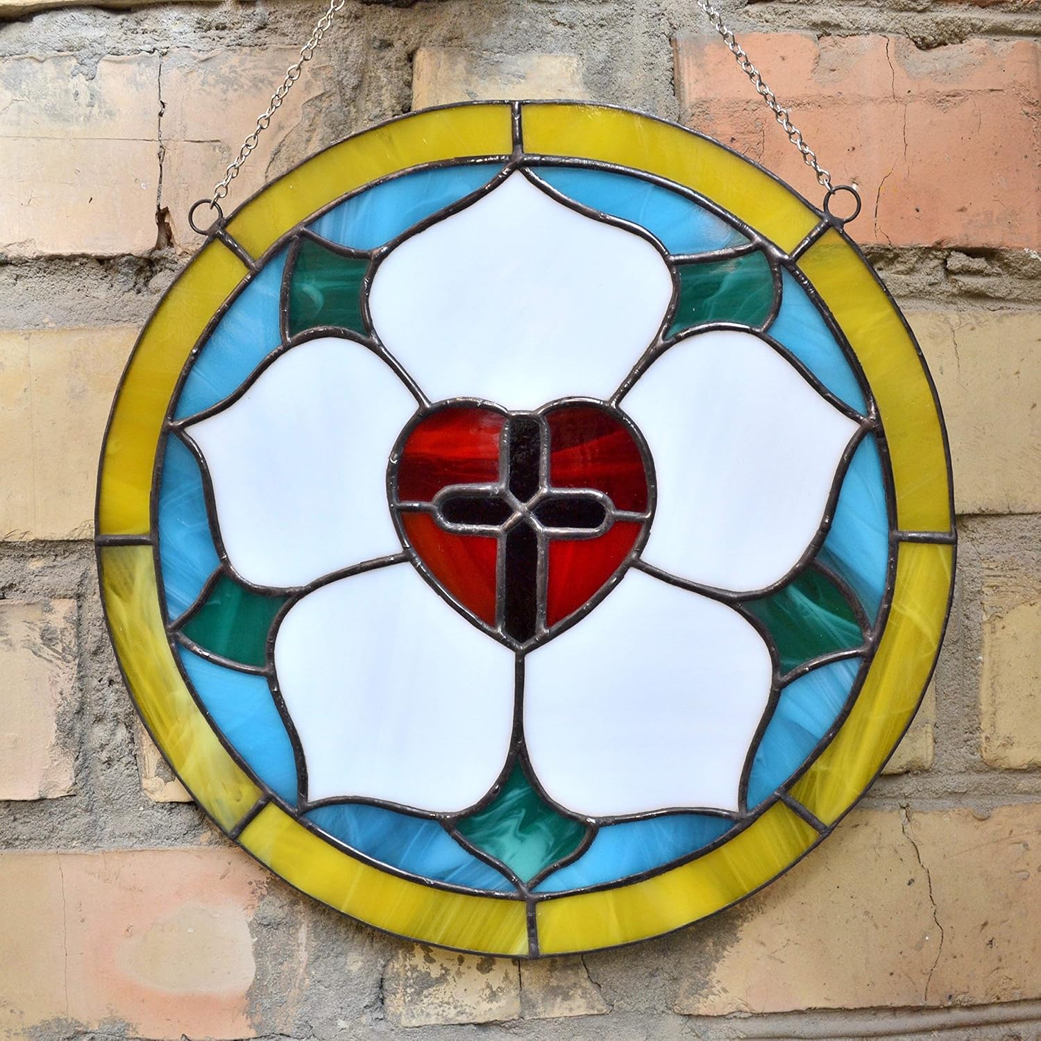 Luther Rose Round Stained Glass Panel 10 Inch for Window Hanging or Wall Decor, Lutheran Cross