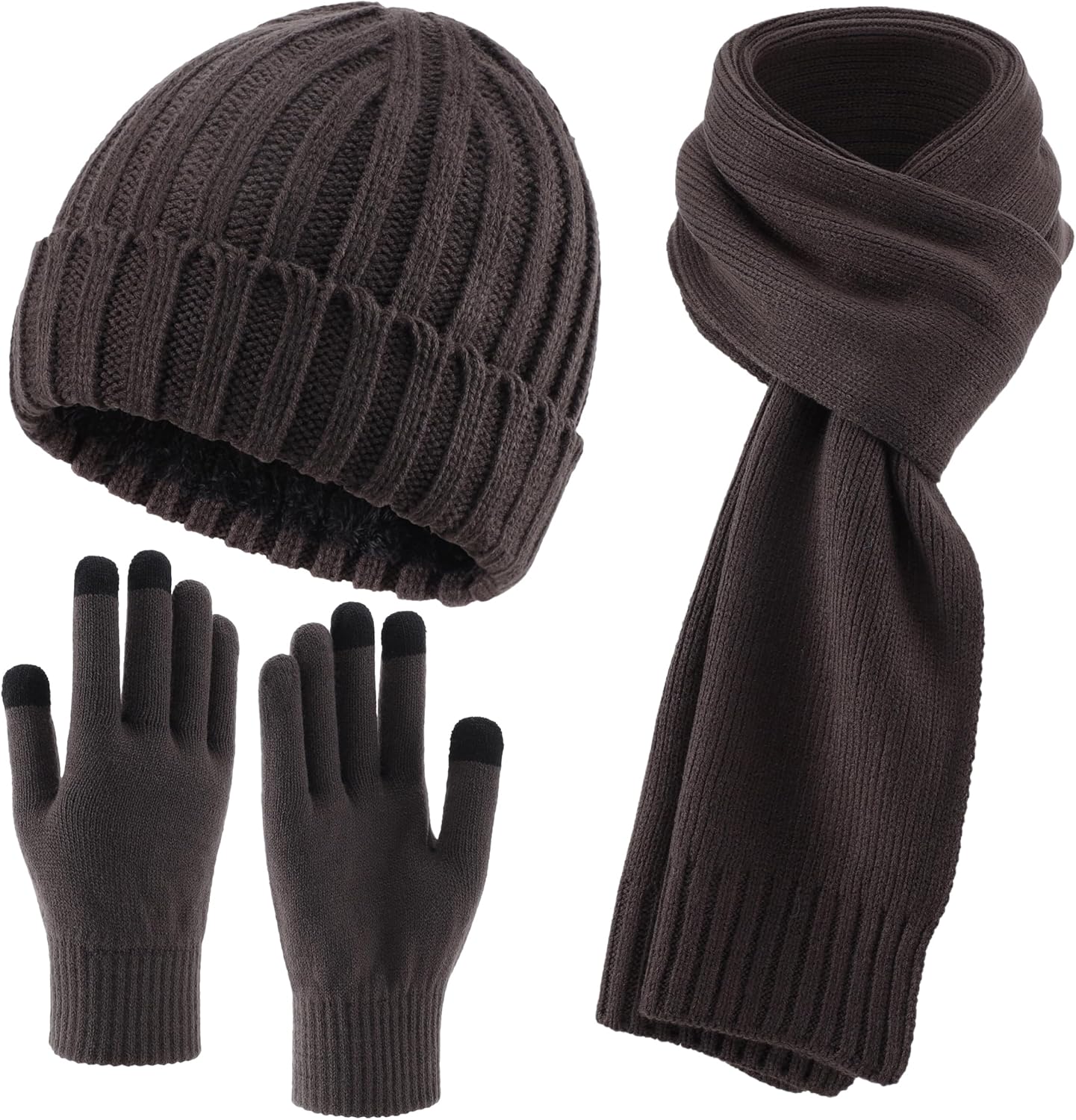 Connectyle 3 PCS Fleece Lined Cold Weather Set, Warm Winter Beanie Hat, Long Scarf and Touchscreen Gloves for Men & Women