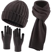 Connectyle 3 PCS Fleece Lined Cold Weather Set, Warm Winter Beanie Hat, Long Scarf and Touchscreen Gloves for Men & Women