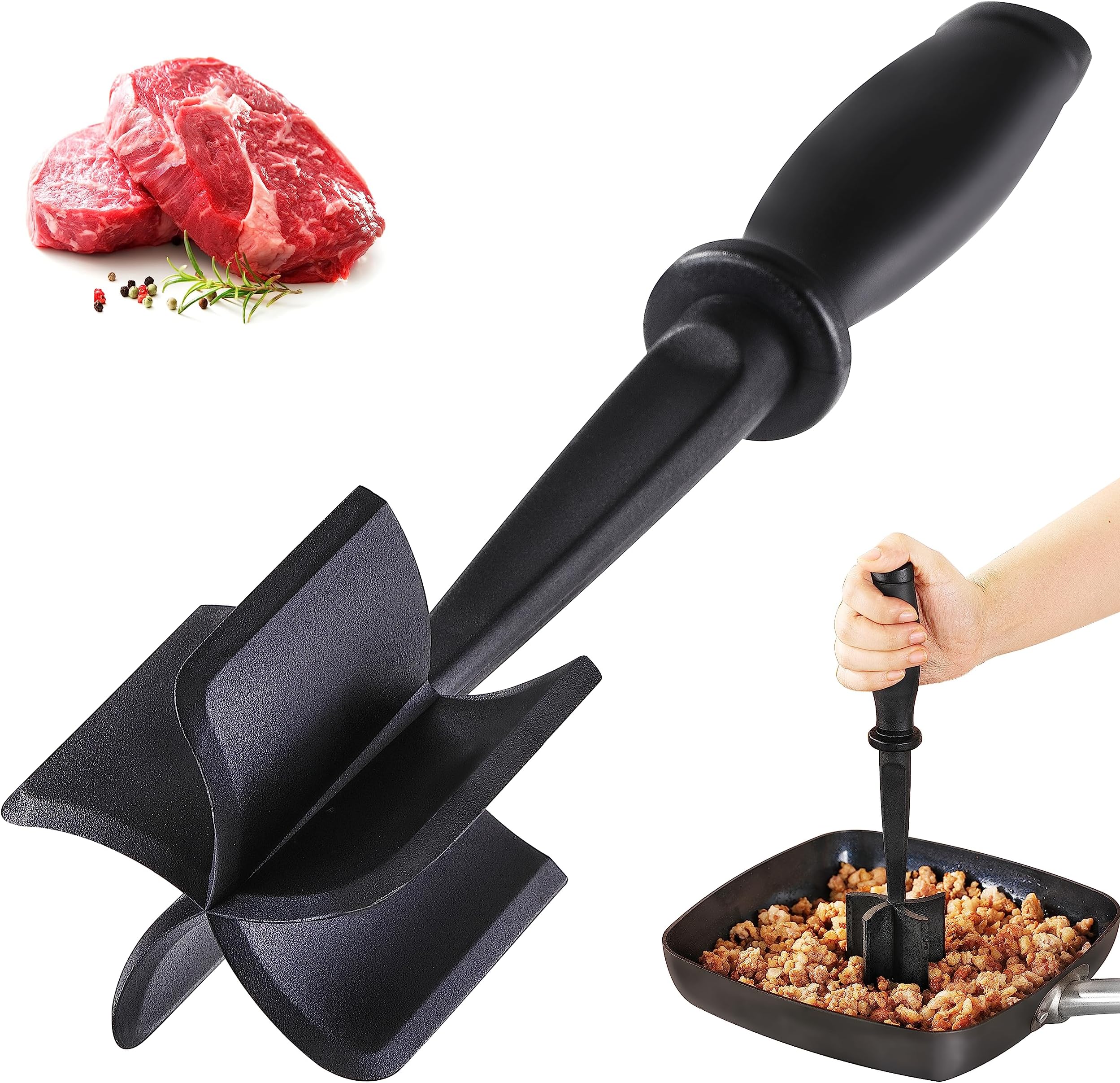 Meat Chopper Masher for Ground Beef and Hamburger Meat, Heat Resistant 5 Curved Blades Ground Beef Smasher, Nylon Meat Spatula Hamburger Chopper, Mix and Chop Kitchen Tool
