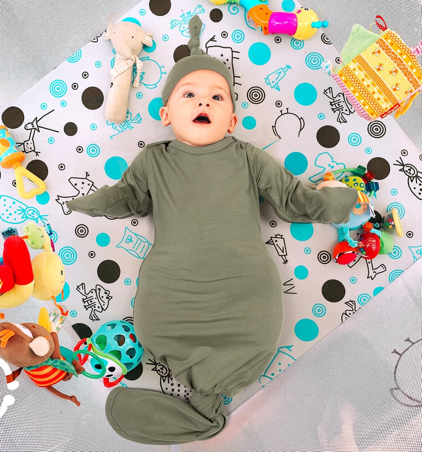 2Pk Newborn Baby Knotted Gown, Super Soft Silky Infant Long Sleeve Sleeper for Baby Sleeping with Hat Light Green & Deep Pink(2 Packs, Size Newborn) - Image 6