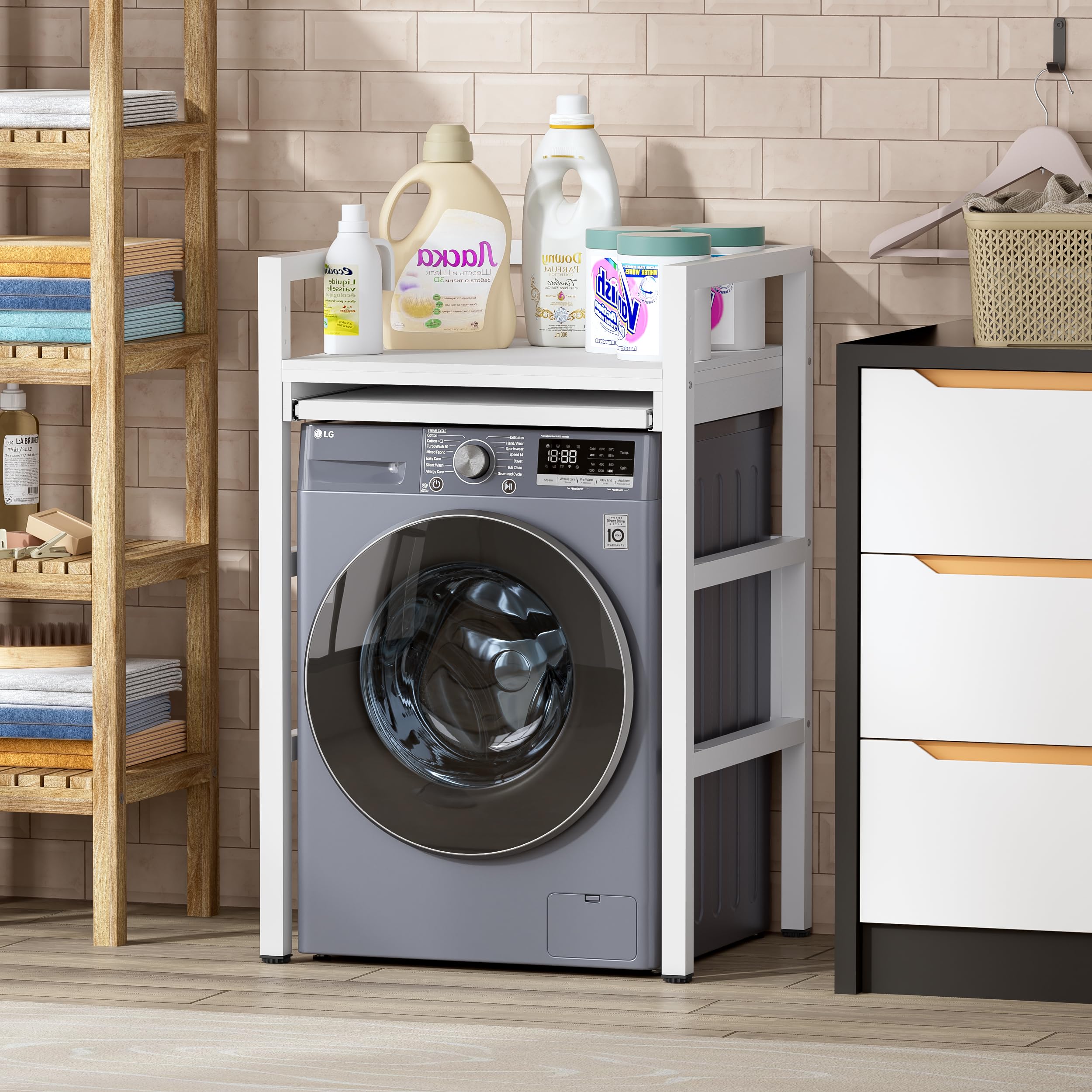 MSFE Estantería Lavadora con Tablero de Estante, Soporte de Altura Ajustable para Secadora,Universal Kit de Soporte Secadora sobre Lavadora, Capacidad de Carga 350kg,73*64*115cm,Producto Patentado