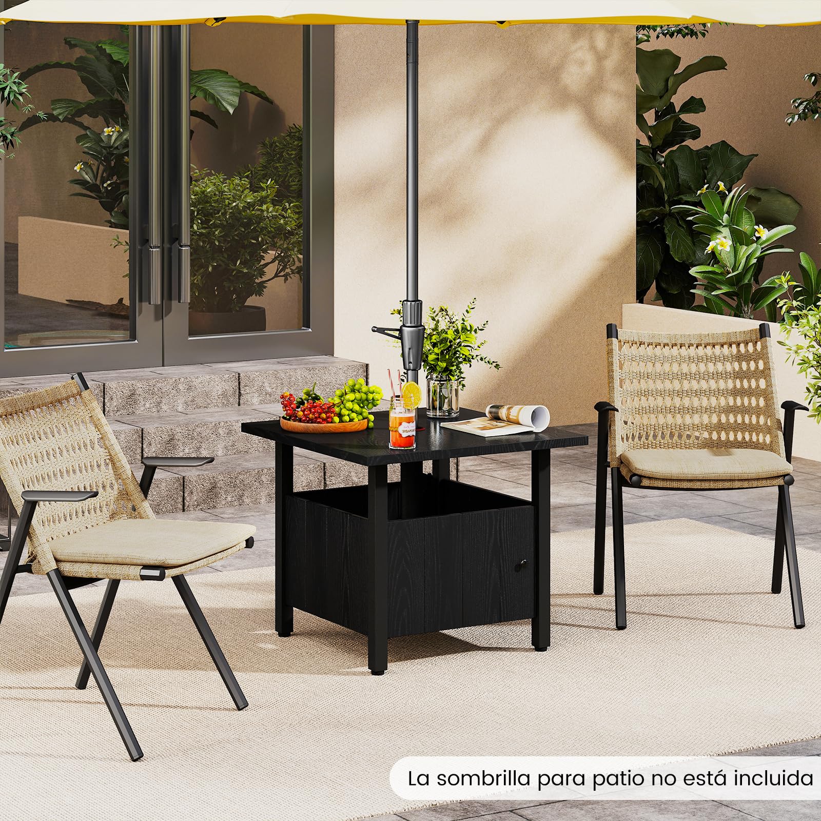 COSTWAY Mesa Auxiliar Cuadrada con Agujero para Sombrilla 48mm, 2 Bolsas de Arena, Mesa Jardin Terraza Balcon Exterior Interior, 55.5 x 55.5 x 48 cm, Carga 80kg