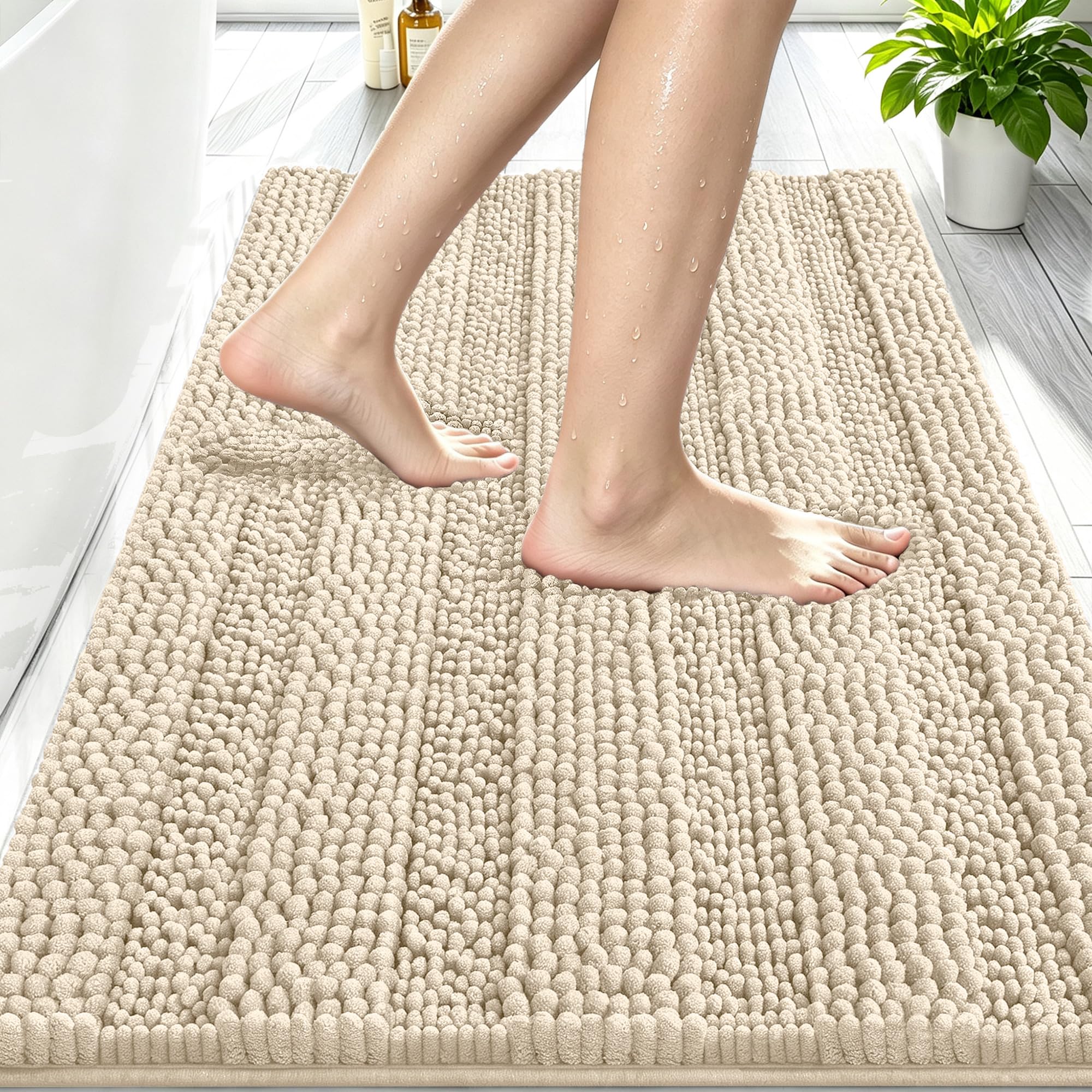 Smiry Thick Chenille Bathroom Rugs 30x20, Soft Absorbent Bath Mat, Sand