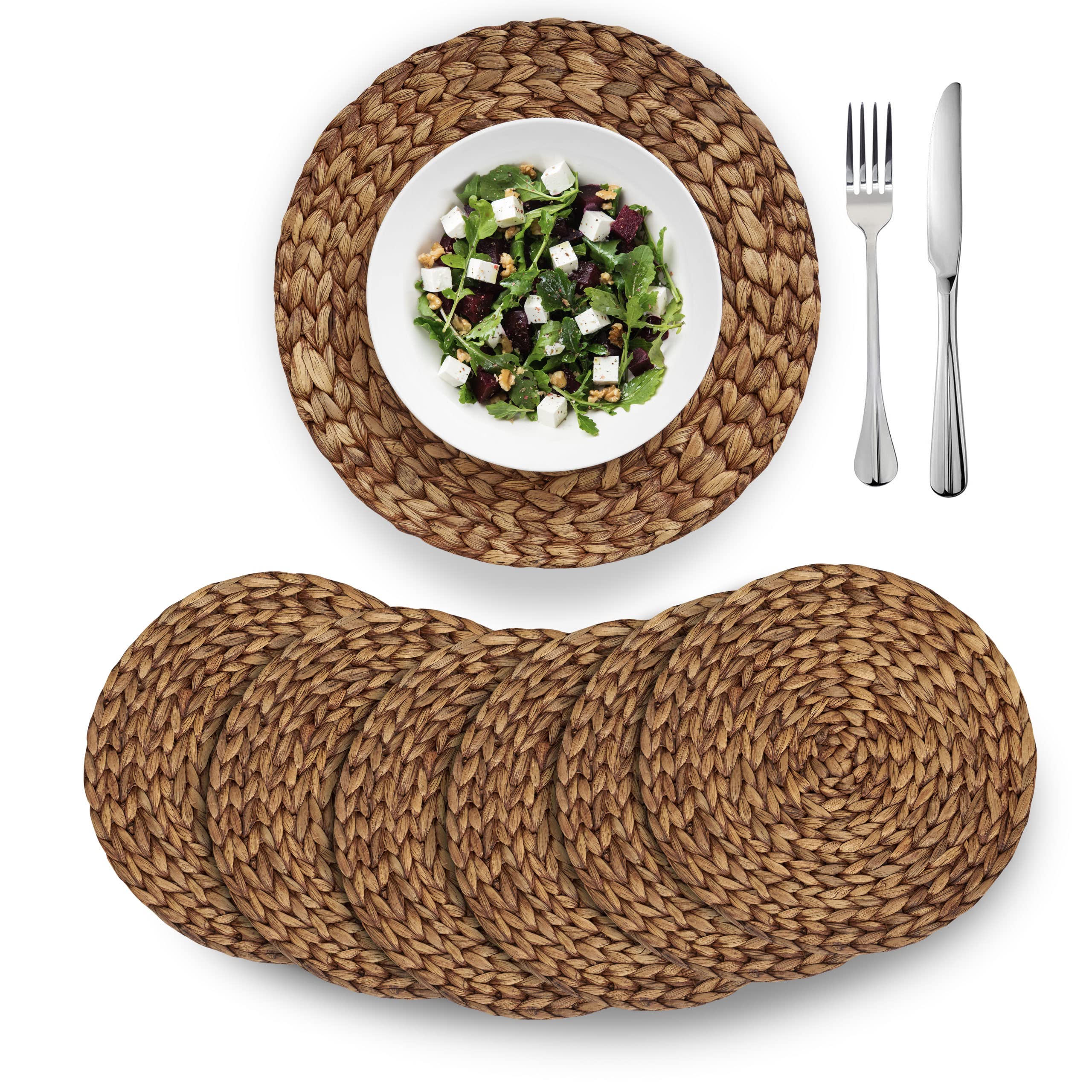 Photo 1 of 14"BARIEN Brown Woven Placemats Round, Natural Water Hyacinth Weave Placemat for Dining Table, Large Handmade Woven Placemats Heat Resistant Non-Slip 19 COUNT