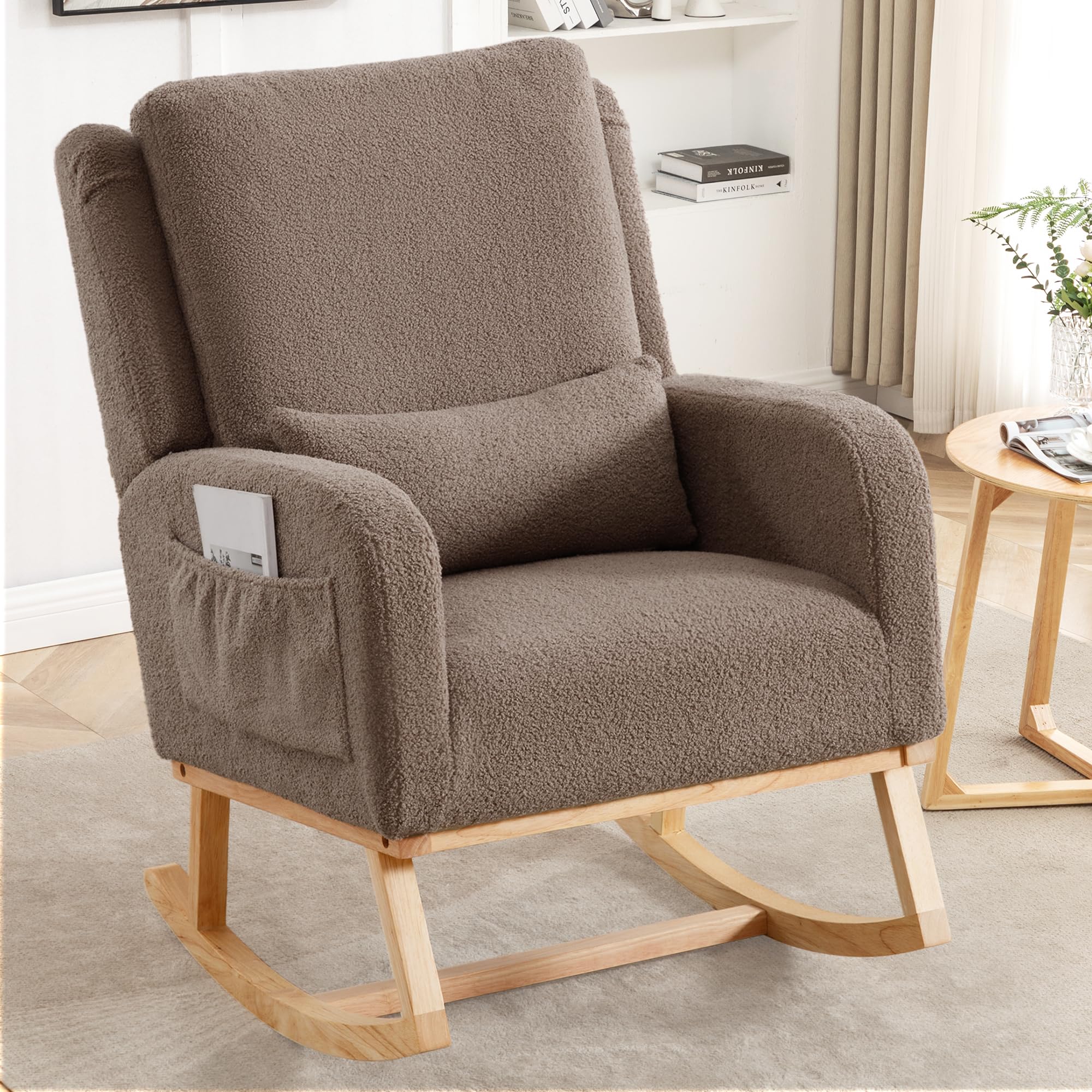 HCHAIRH Rocking Chair Nursery,Sherpa Nursing Rocking Chairs, Upholstered Nursery Glider Rocker Wingback Morden Rocking Chair with Lumbar Pillow for Mom Nursery, Living Room, Bedroom, Teddy Coffee