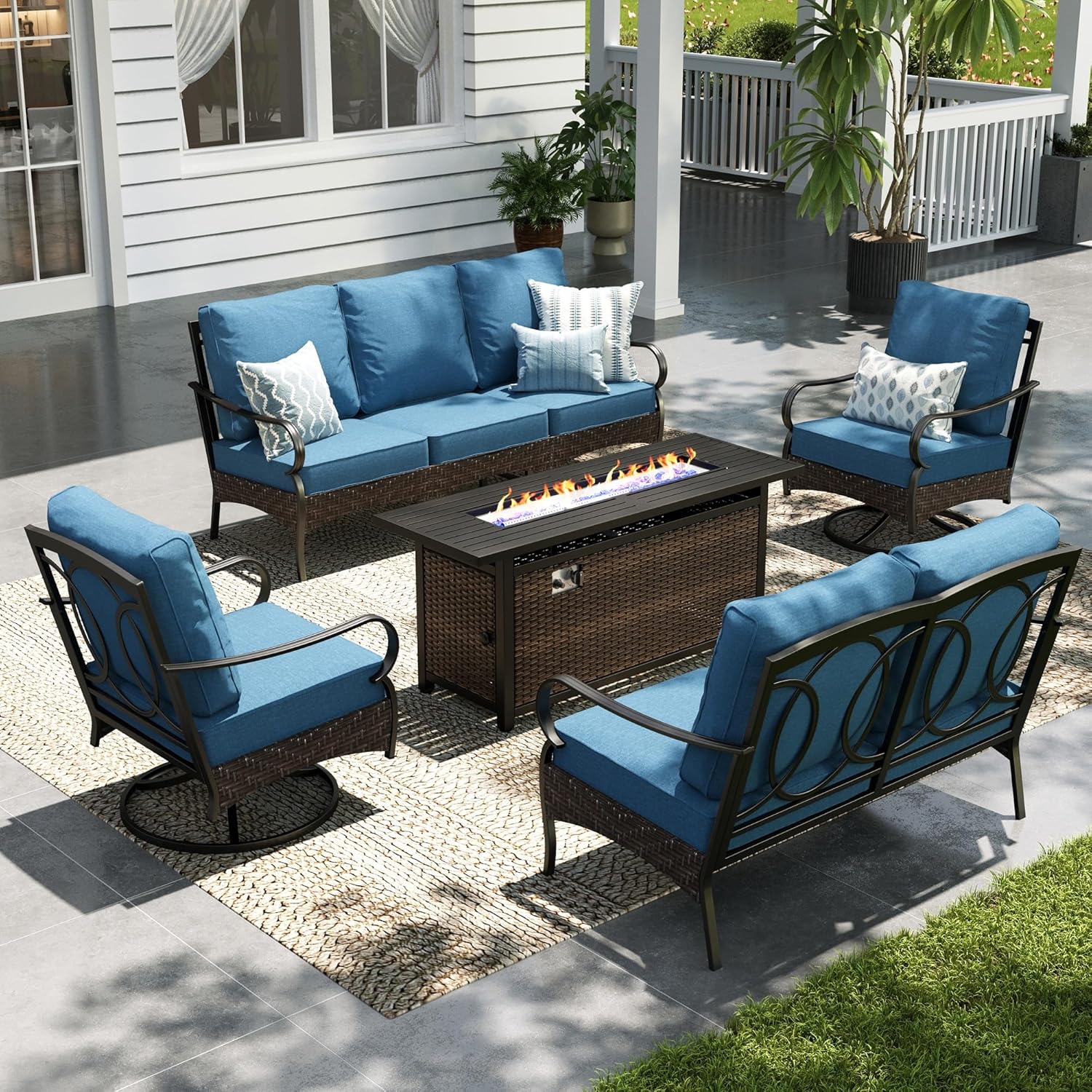 Sophia & William Patio Furniture Set with Fire Pit Table, 4PCS Metal Outdoor Conversation Set with Fire Pit Table, 2 Swivel Chairs,1 Loveseat,3-Seater Couch for Outdoor Seating,Backyard,Porch(Navy)