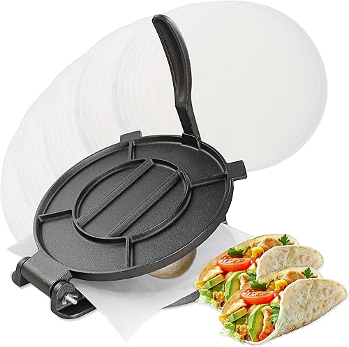 7Penn Prensa de tortilla de hierro fundido de 8 pulgadas - Prensa de tortilla de maíz Roti Maker con 100 hojas de cocina