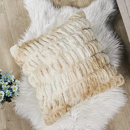 Miniatura 5 de BYTIDE Juego de 2 fundas de almohada cuadradas de piel sintética fruncida con respaldo de microvisón, funda de cojín suave de felpa de lujo para