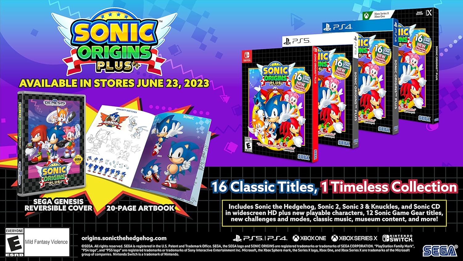 Sonic Origins Plus promotional image showing game cases, artbook, and features