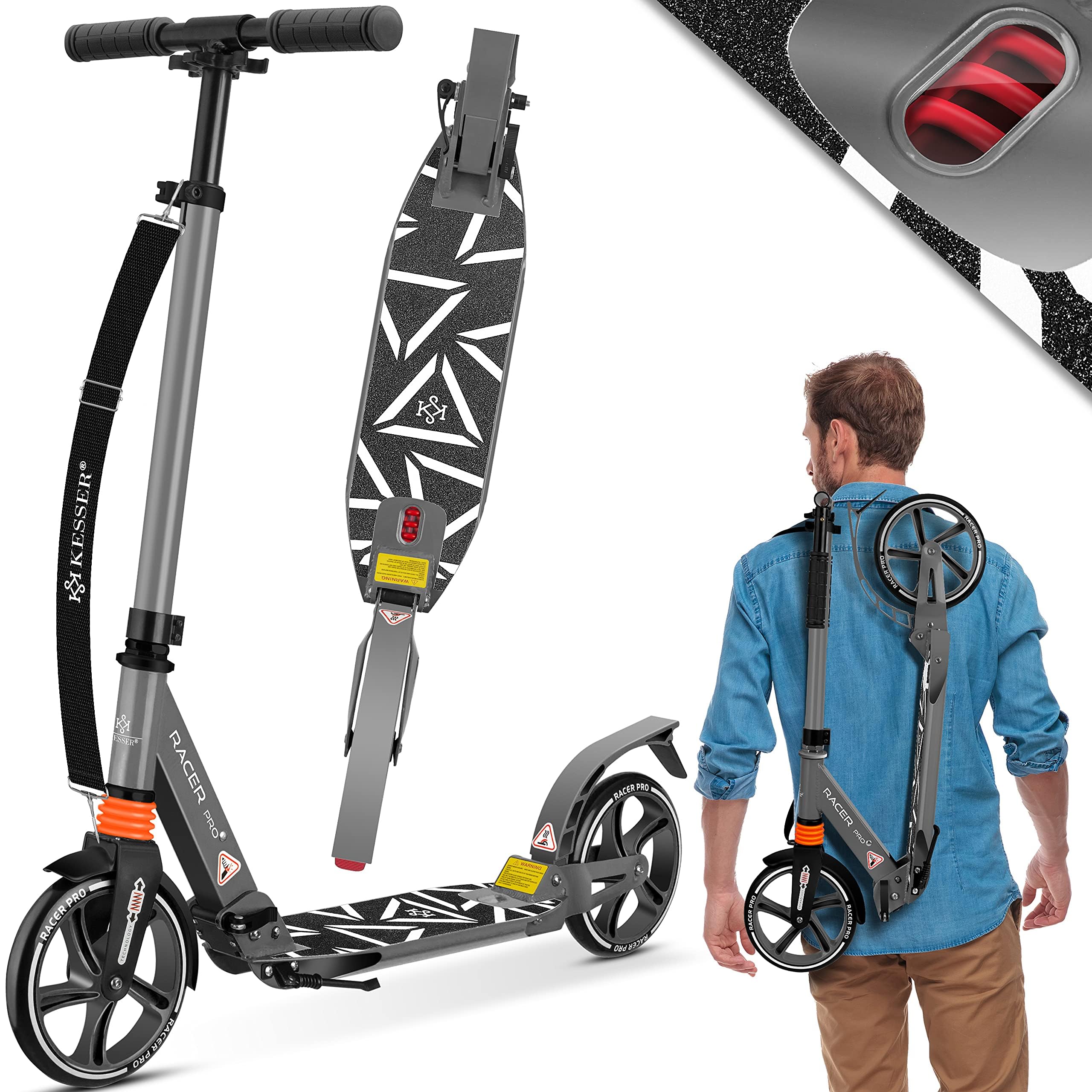 KESSER® Monopattino Cityroller Scooter Ruote da 205 mm PU Big Wheel - PRO-S con Doppia Sospensione, Scooter da Città Pieghevole e Regolabile in Altezza, Monopattino per Adulti e Bambini