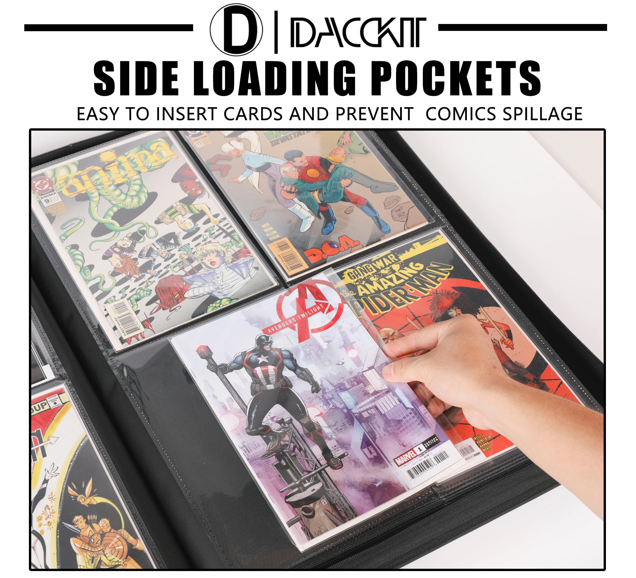 D DACCKIT Raccoglitore di fumetti di alta qualità, contiene 96 fumetti, album per fumetti con maniche, adatto per fumetti regolari e fumetti insaccati e imbarcati (modello C, nero classico)