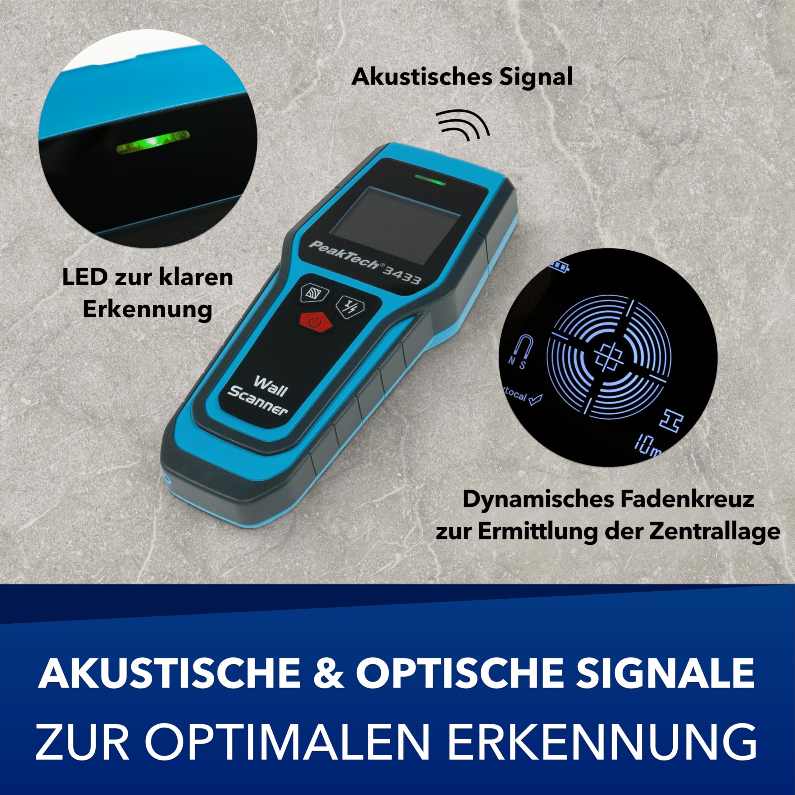 PeakTech P 3433 – Professionelles Leitungssuchgerät – Digitaler Leitungssucher für Stromleitungen, Metall, Balken und Holz – Leitungsfinder mit Selbstkalibrierung und LED-Anzeige – Wandscanner