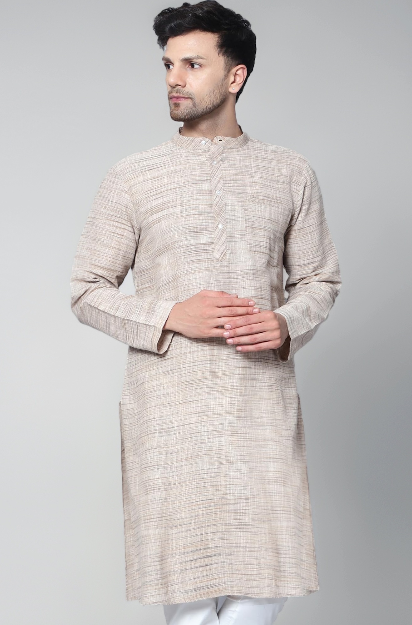 LATEST CHIKAN Men's Cotton Regular Textured Long Kurta Full Sleeves - Casual Ethnic Wear
