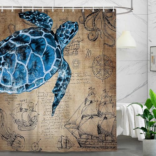 Xguatan Vintage Nautical Turtle Shower Curtain Sea Beach Theme Octopus Sailboat 
