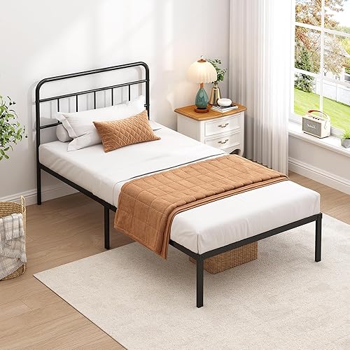 Twin Bed Frame with Classic Headboard,Strong Metal Slats Support,Under Bed