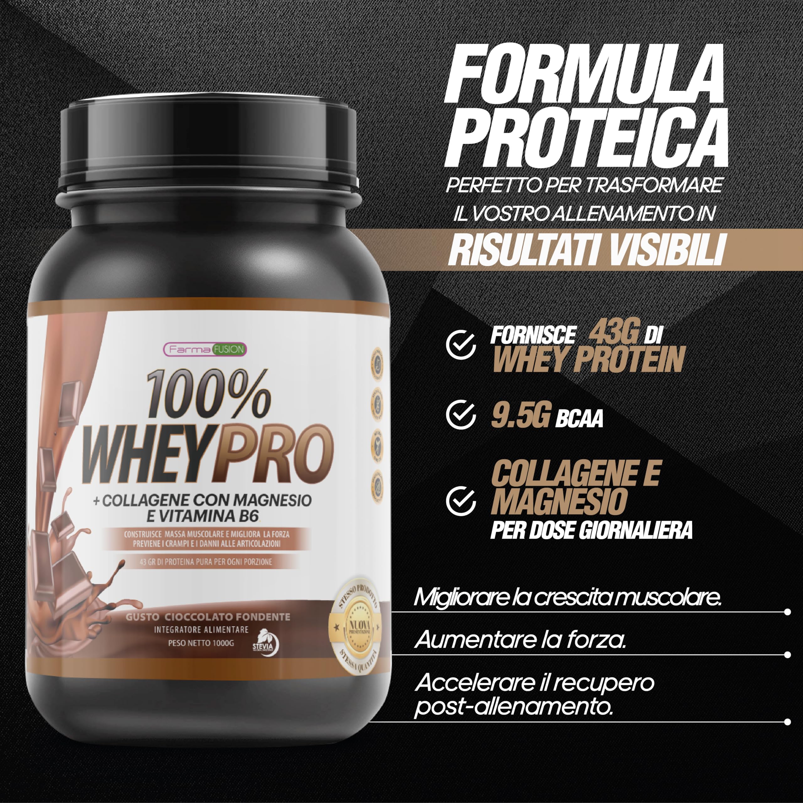 Farma Fusion Proteine del Siero del Latte con Collagene e Magnesio | 43 Grammi di Proteine pure per dose | Aumenta la massa muscolare | Protegge e lubrifica le articolazioni | 1000 g Cioccolato