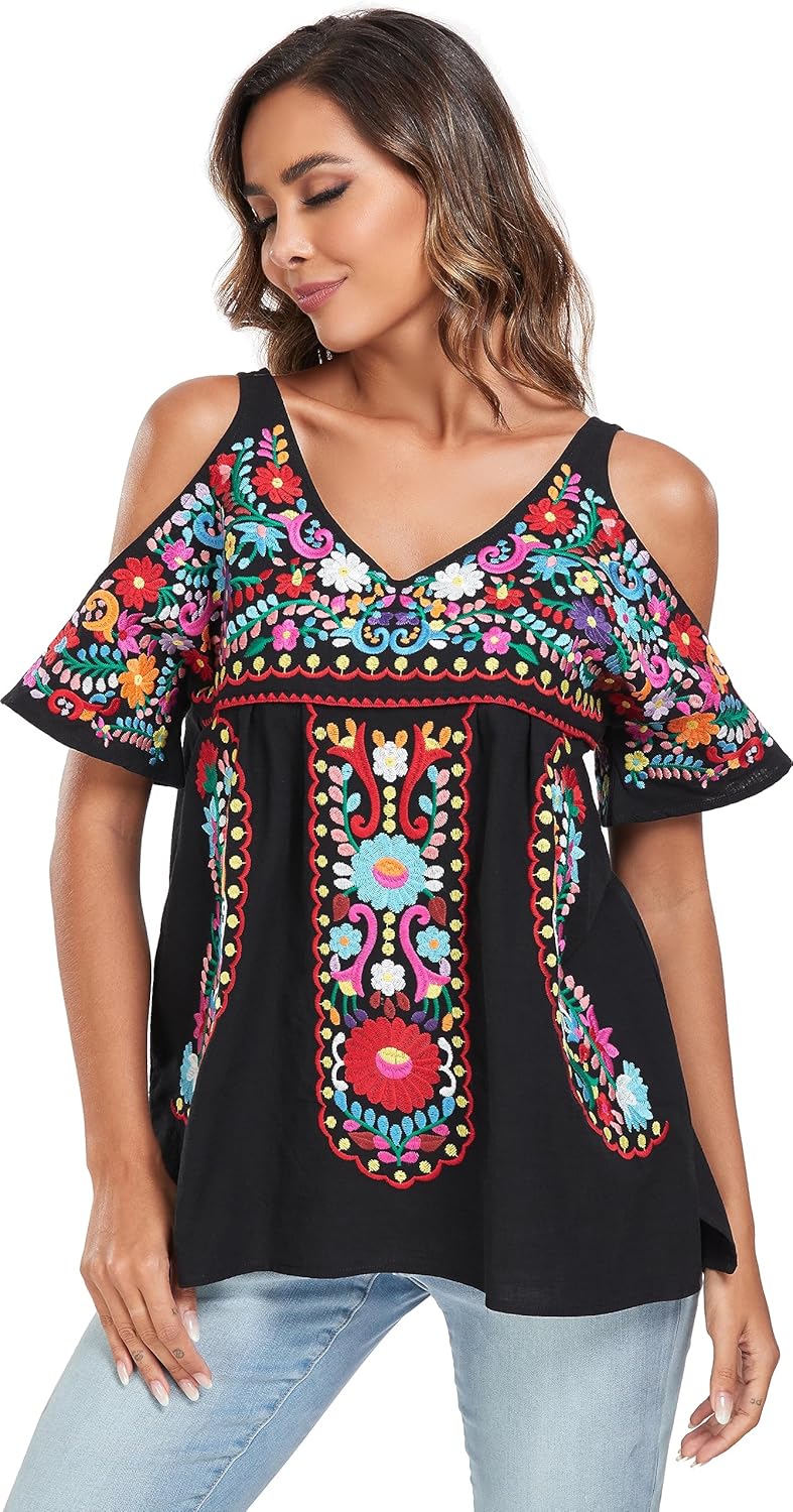 YZXDORWJ Women's Mexican Tops Cold Shoulder V Neck Sexy Blouse Short Sleeve Shirts Embroidered Floral Tunic - Image 4