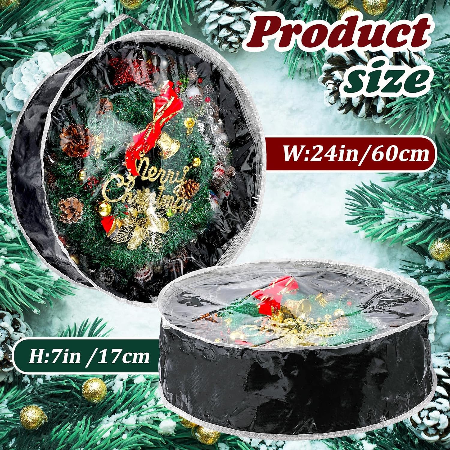 Dunzy 8 Pieces Wreath Container Christmas Wreath Storage Bag Garland Tear Resistant Fabric Round Boxes with Clear Window for Storage for Xmas Holiday Ornament(24×24×7.8 Inch,Black)