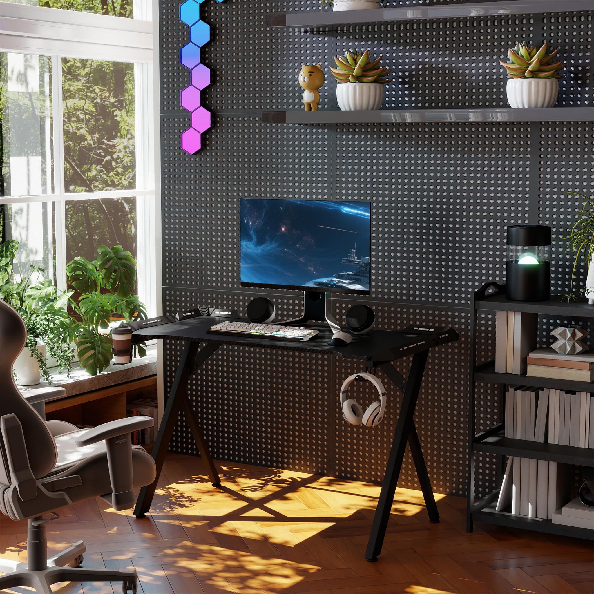 YUENFONG Gaming Tisch mit LED, 160x60cm Schreibtisch Y-Frame Computertisch mit Kohlefaser-Oberfläche, Ergonomischer PC Tisch inkl. Fernbedienung Tassenhalter & Kopfhörerhaken, Schwarz