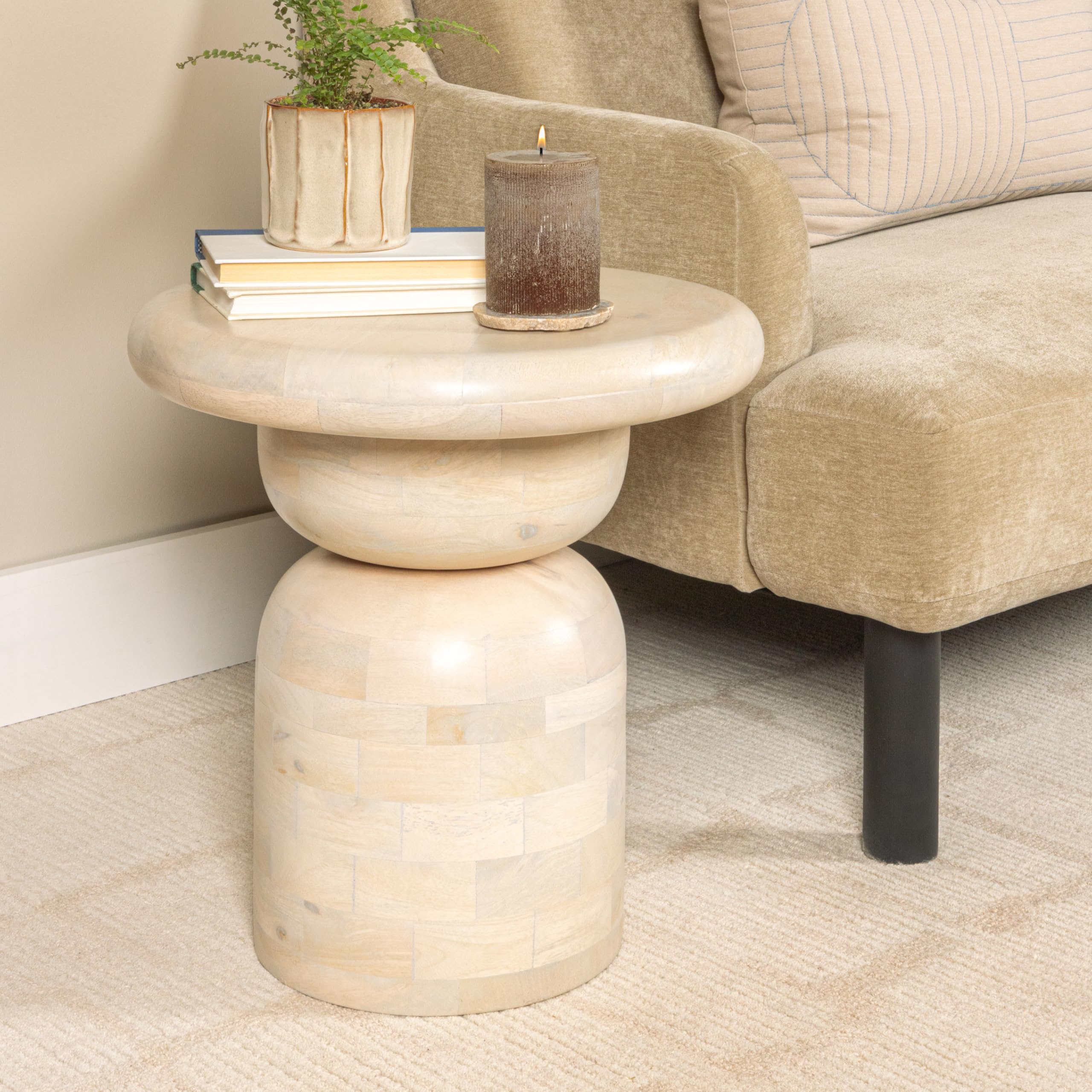 Creative Co-Op Round Mango Wood Accent Table with Stacked End Grain Base, Whitewashed Finish